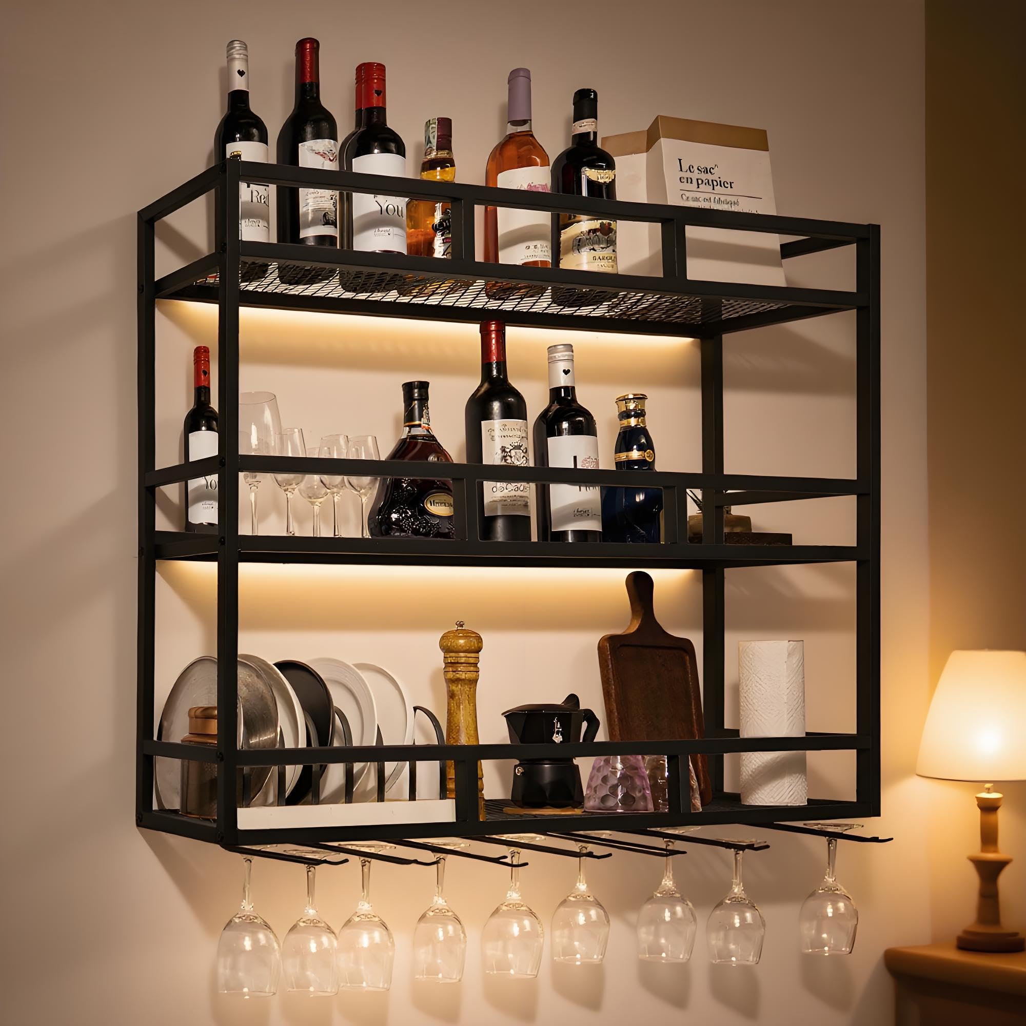 Botellero de Pared LED Moderno de 100 cm con Soporte para Botellas y Copas, Estante Metal de Botellas de 3 Niveles, Soporte para Botellas de Vino para Hogar, Bar Comercial, Cocina