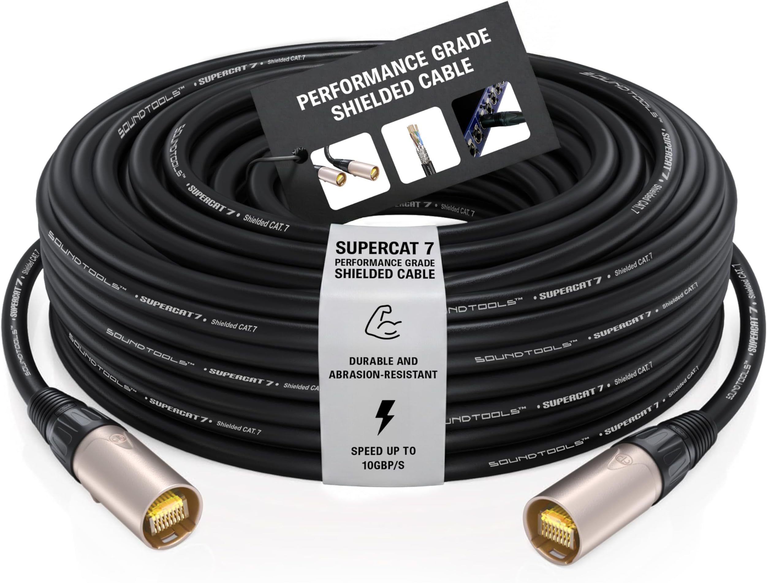 - SuperCAT 7 Shielded EtherCON Cable – Professional CAT7 Audio and Data Cable with Neutrik Connectors – Rugged Polyurethane Jacket – 10Gbps High-Speed Performance – 50 Feet Black