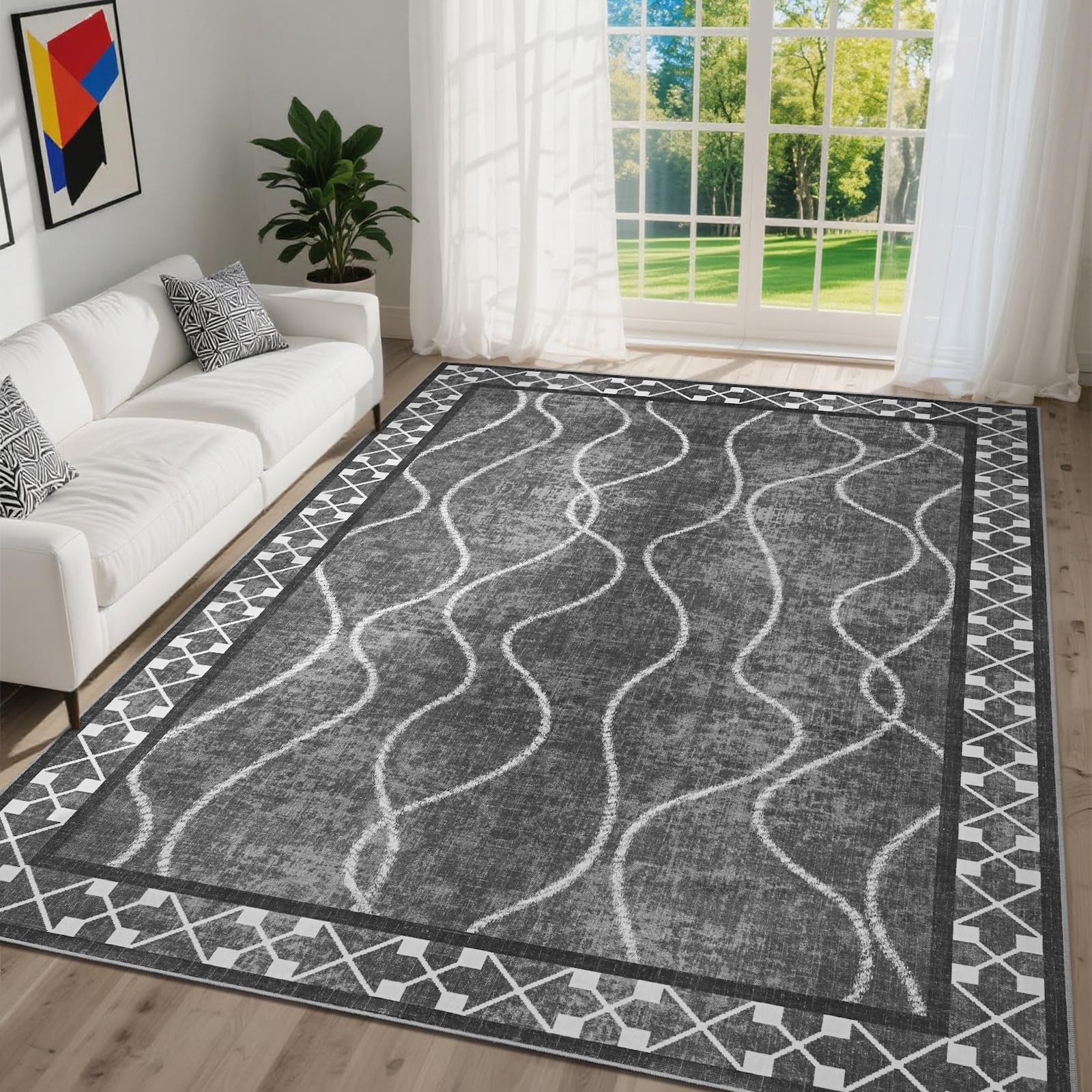 DweIke 4x6 Area Rugs for Living Room Machine Washable Bordered Rug for Bedroom Luxury Rubber Backing Non-Slip Low