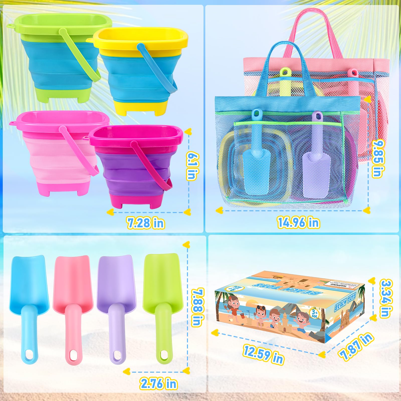 Faltbare Strandeimer für Kinder, 4 Packungen, faltbare Sandeimer und Schaufeln mit Netz-Strandtasche, Silikon-Sandeimer für Kleinkinder, Strandspielzeug, Ostereiersuche, Camping, Reisen, Angeln