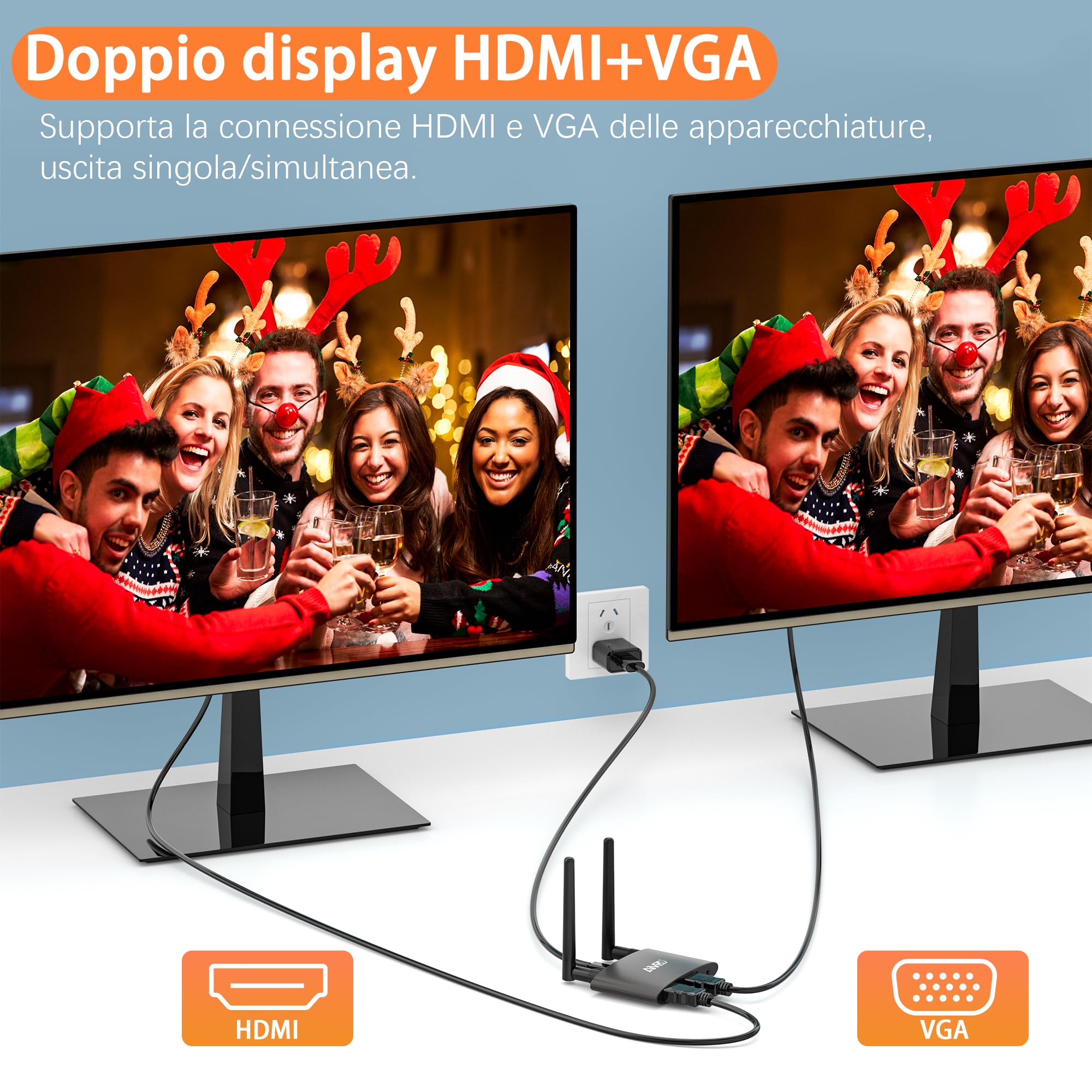 HDMI Wireless Trasmettitore e Ricevitore 4K/5.8G, VGA&HDMI Doppio Schermo | Transmitter Receiver, Streaming Audio Video da Laptop/TV Box/USBC/Camera/PS a HDTV/Monitor/Proiettore 165FT/50M