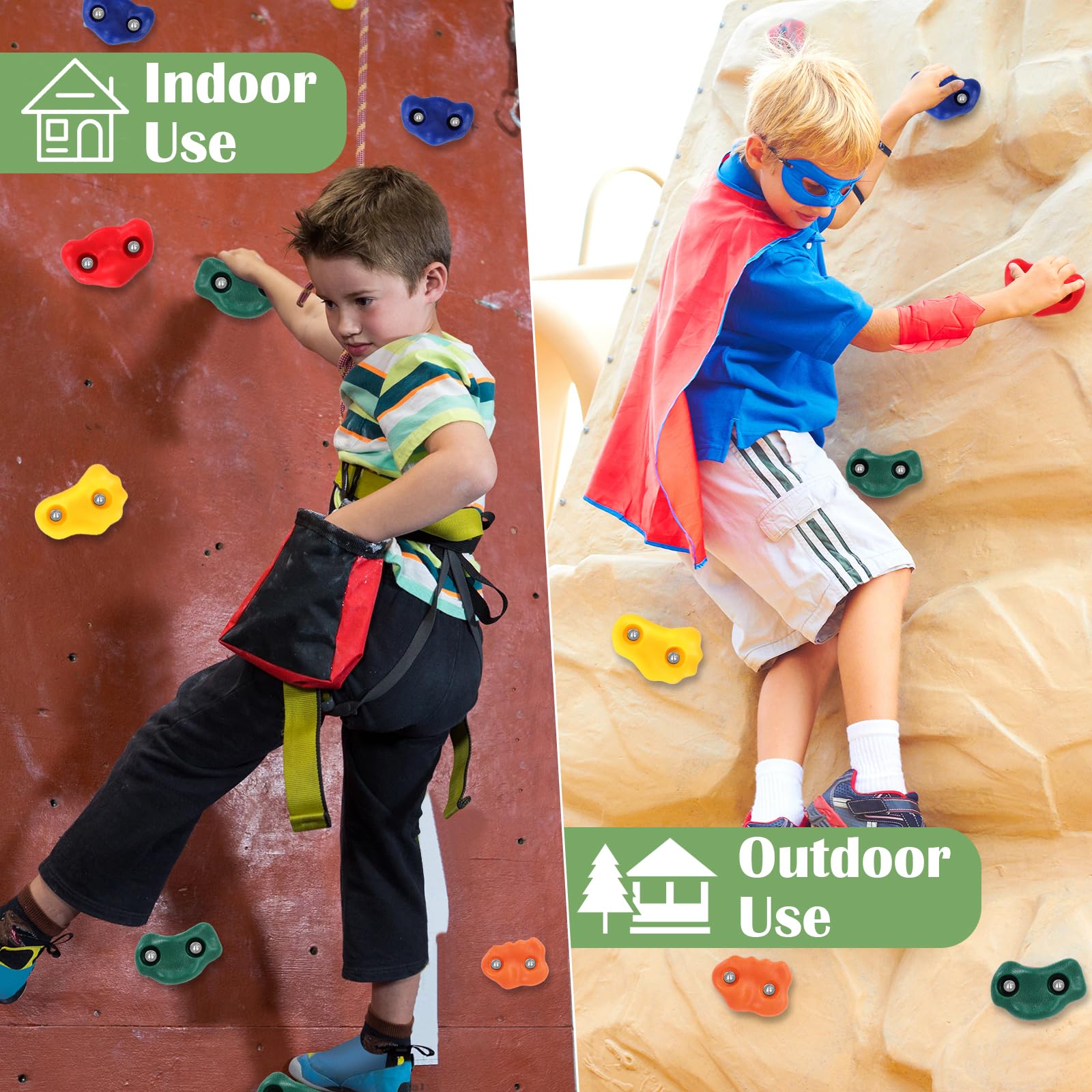 20 Piezas Presas Escalada Niños, Piedras escalada al Aire Libre | Soportes Escalada Accesorios con 270 cm Cuerda Escalada Anudada y 2 Agarraderas Verdes para Juegos Infantiles Interior y Exterior