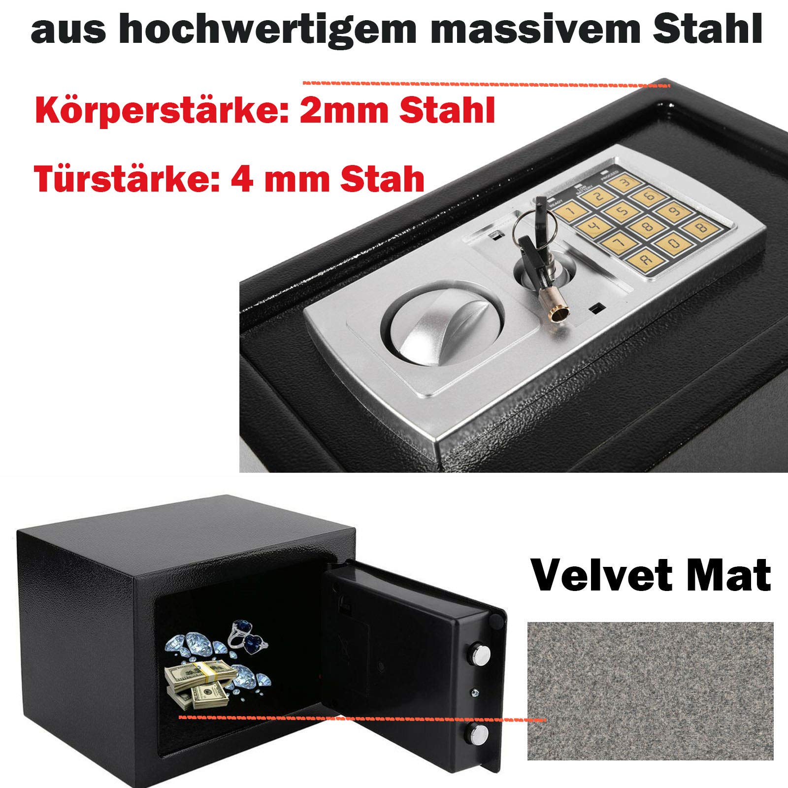 Coffre-fort électronique Tresor - Serrure Code PIN Et Clé Acier 2-4mm