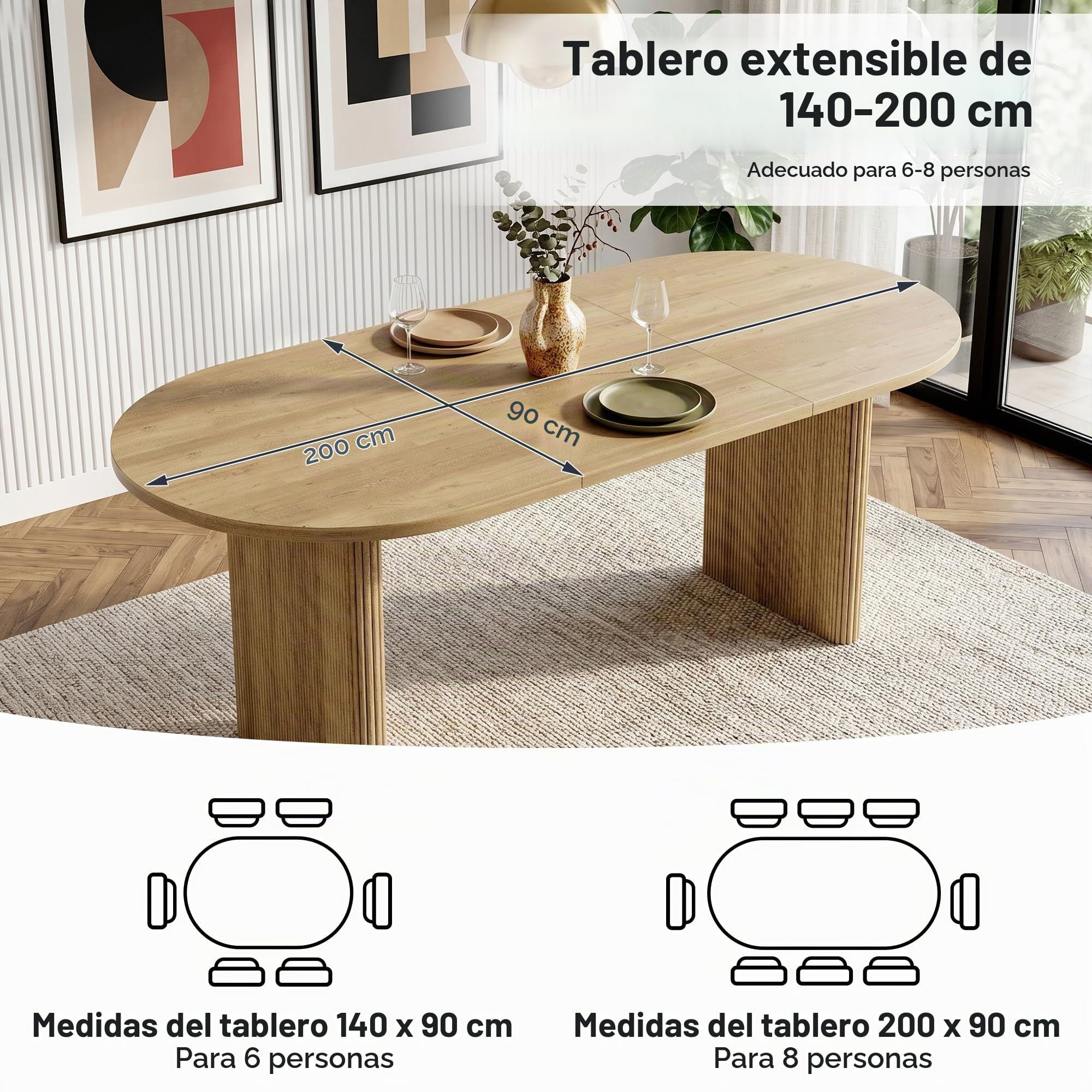 Mesa de comedor, extensible, 140/200x90 cm, para 6 a 8 personas, mesa de cocina con tablero de 3 cm, esquinas redondeadas y patas con láminas, mesa de comedor moderna, aspecto nogal (Oak)