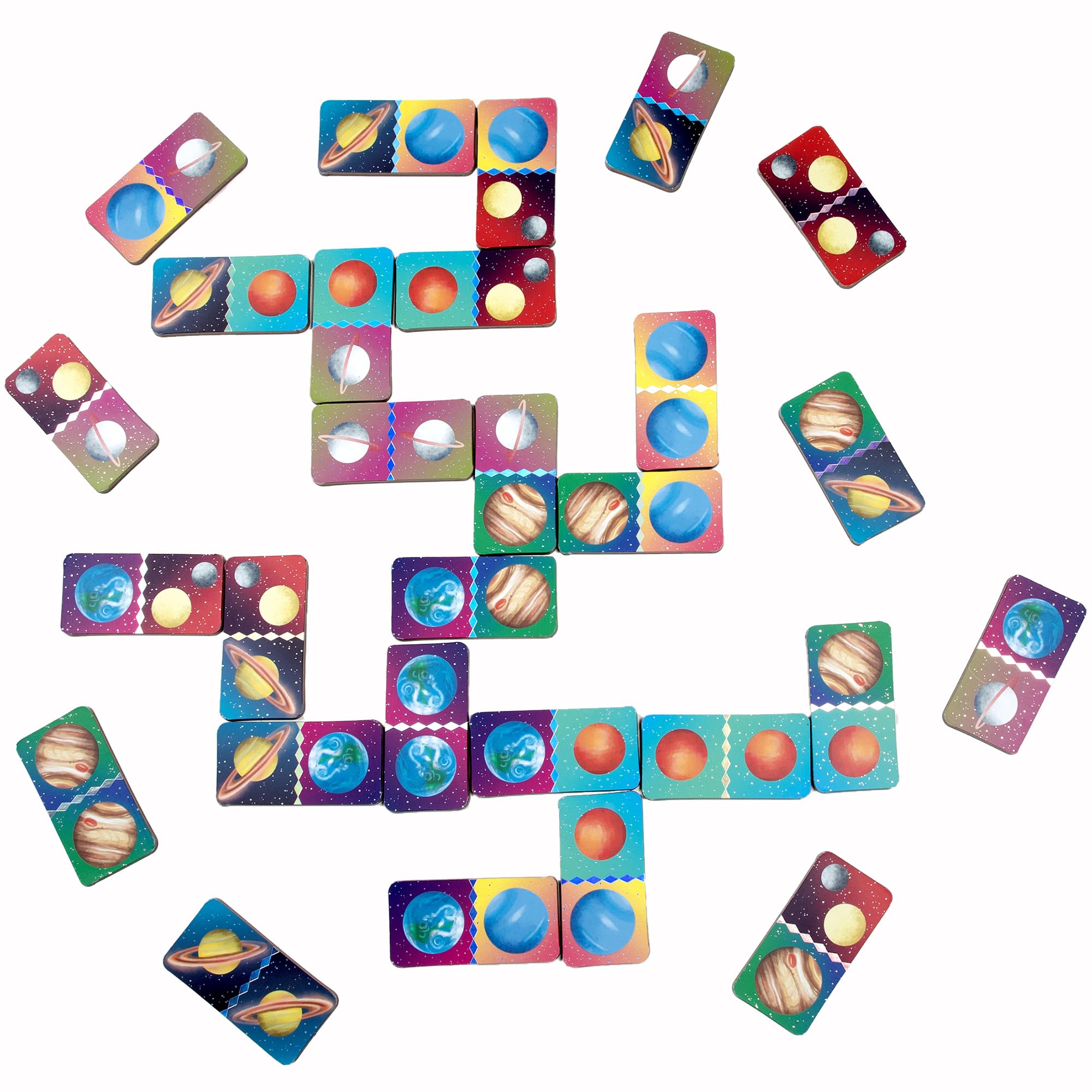 eeBoo: Mini-Dominosteine – Weltraum – 28-teiliges Planeten-Thema-Set, silberfarbene holografische Folienfliesen, klassisches Spielstein-Matching-Spiel, Familien & Kinder ab 3 Jahren, 2-4 Spieler