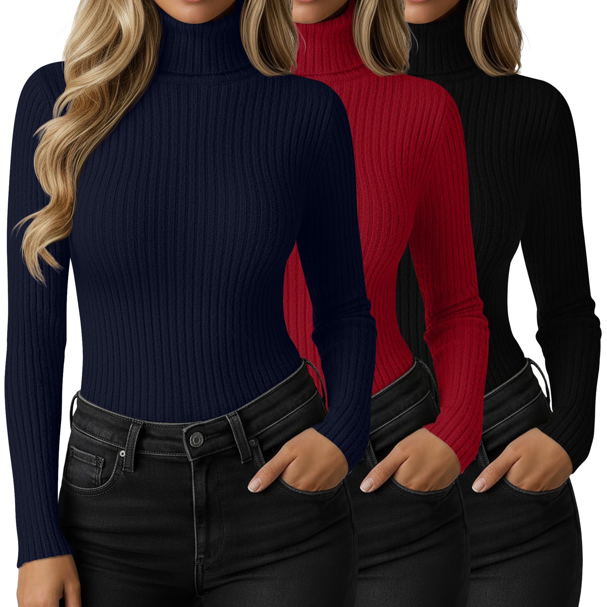 3 Pack Womens Turtleneck Sweaters Knit Long Sleeve Ribbed Fitted Shirts Casual Warm Pullover Top Basic Fall Sweater