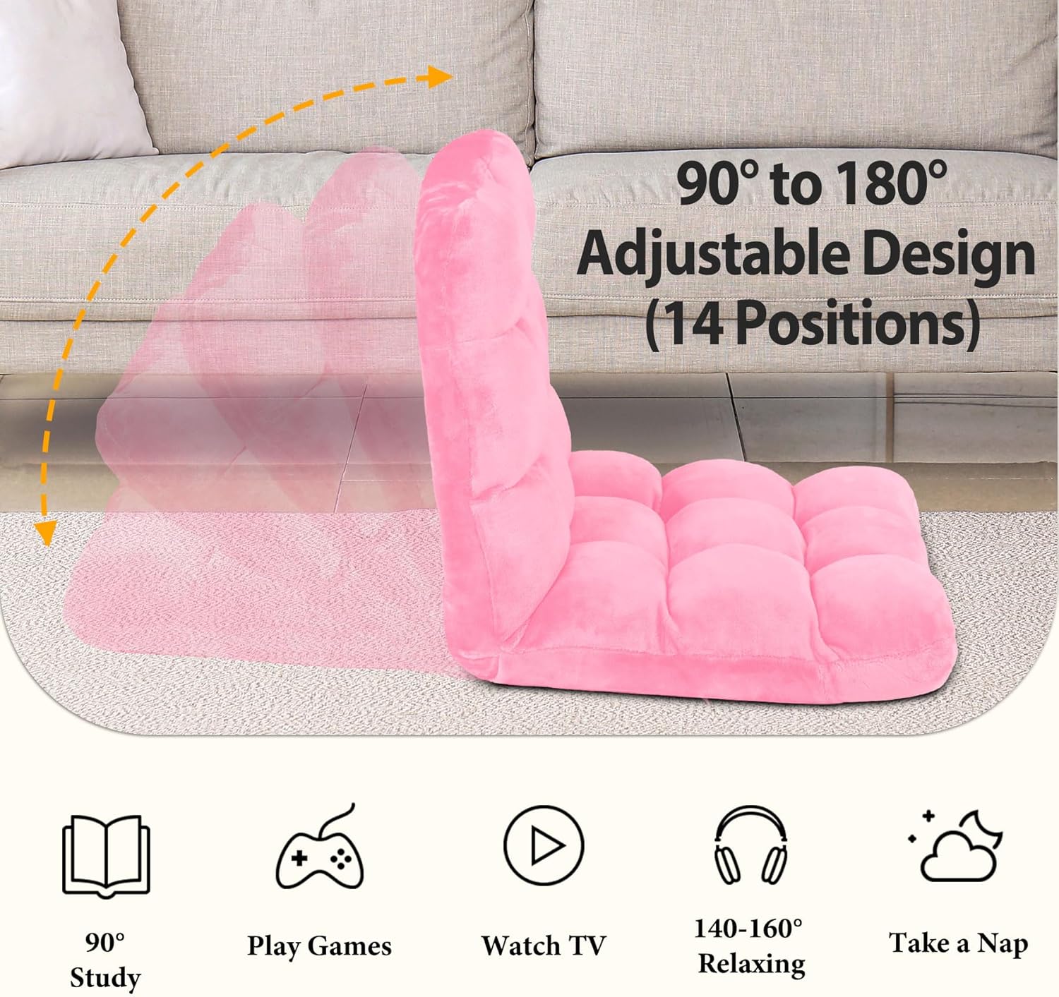 Nouva Adjustable Floor Chair 14-Position Sofa Bed Foldable Cushion Video Gaming Chairs Bean Bag Chair Reading Seating for Adults Kids Teens for Bedroom Living Room Indoor Use, Pink
