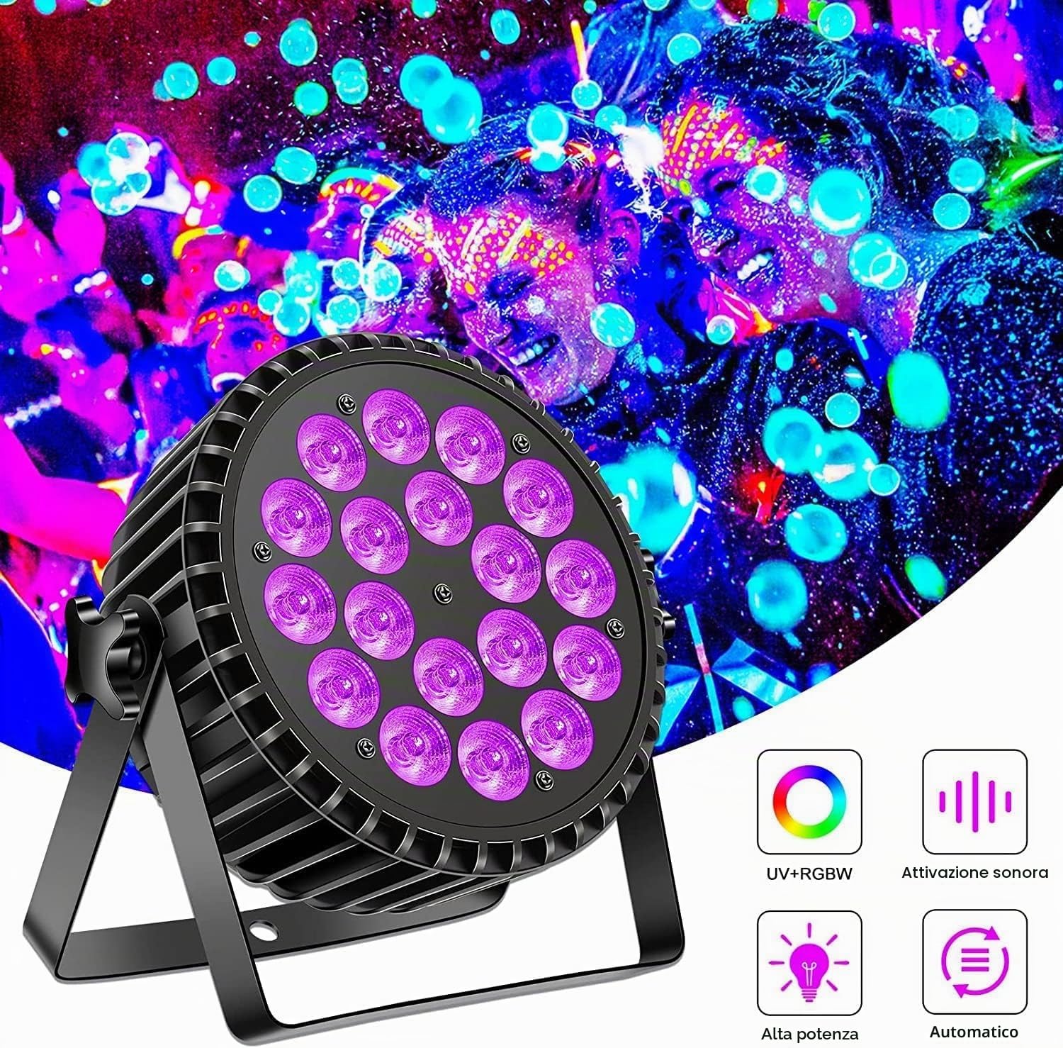 200W 18 LED Par UV+RGB+DMX512 luce da discoteca, luce FarettoParty Light 8 canali/modalità strobo/suono/attiva, effetto luce da DJ per spettacolo, bar, feste, festival
