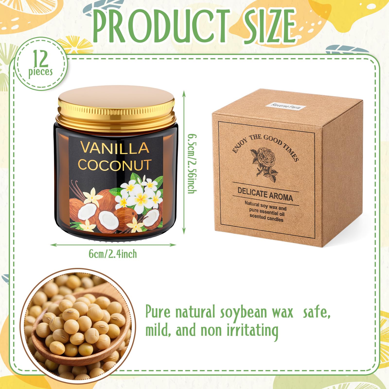Conelist Juego de 12 velas perfumadas de cera de soja fructífera para el hogar, 3.5 onzas, 180 horas de combustión, regalo para hombres y mujeres, aroma de coco vainilla, piña, salvia de sal marina