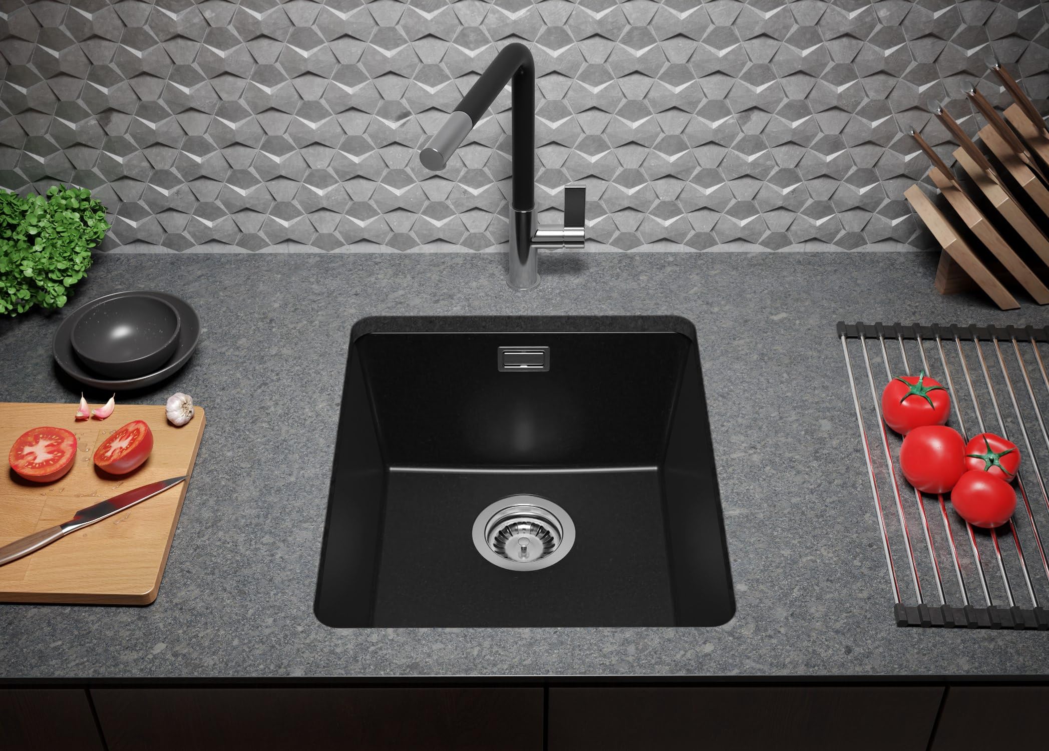 PRIMAGRAN Evier Sous Plan Tout Noir 41x47cm, Evier en Granit 1 bac + Kit de Vidage, Évier au Meuble 45cm - London S123