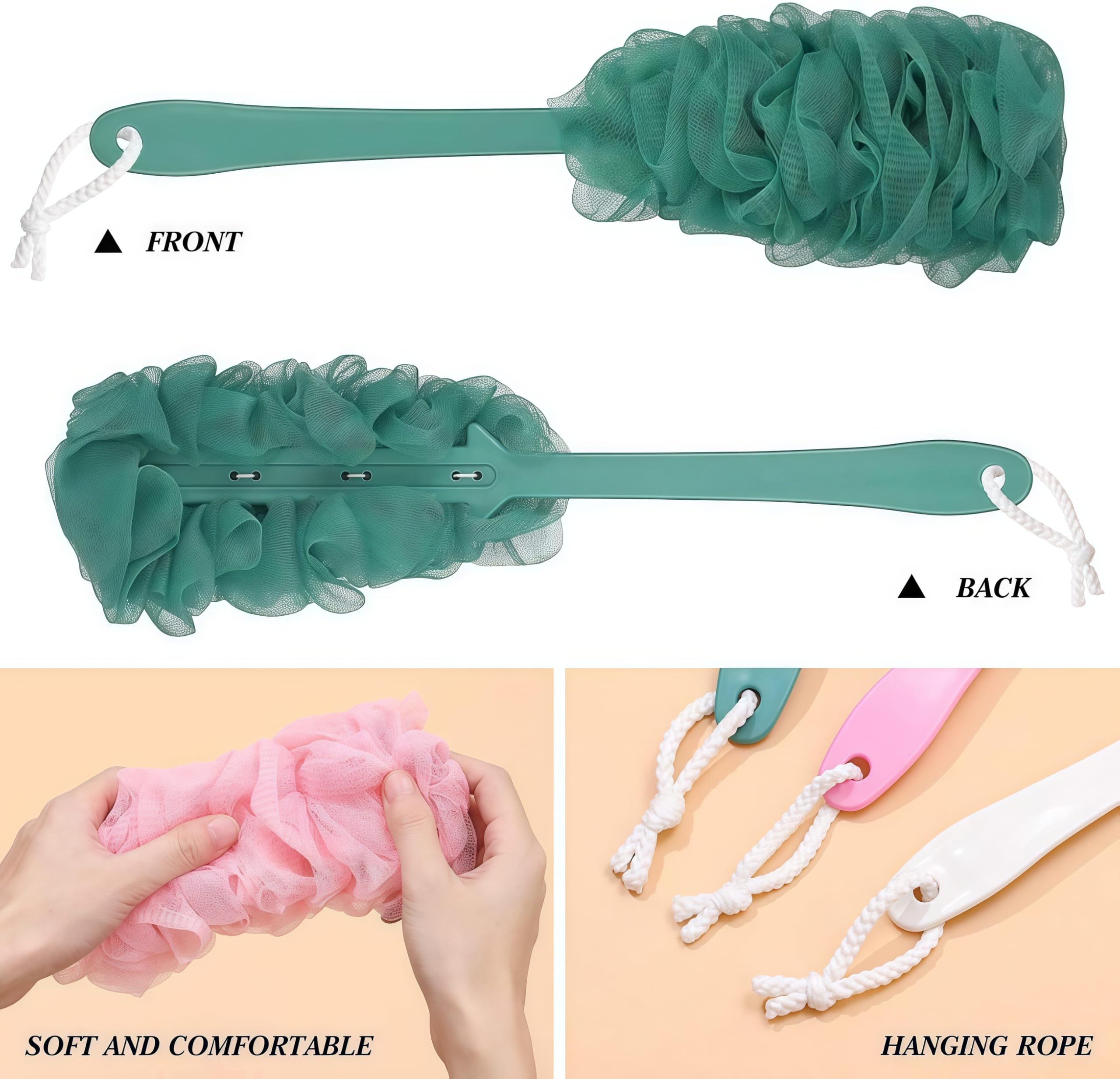 3 Pezzi Spazzola da Bagno con Spugna e Manico Lungo in plastica Scrubber Posteriore Mesh Bath spugna spazzola per Accessori da Bagno per Uomo e Donna (rosa, bianco, blu)