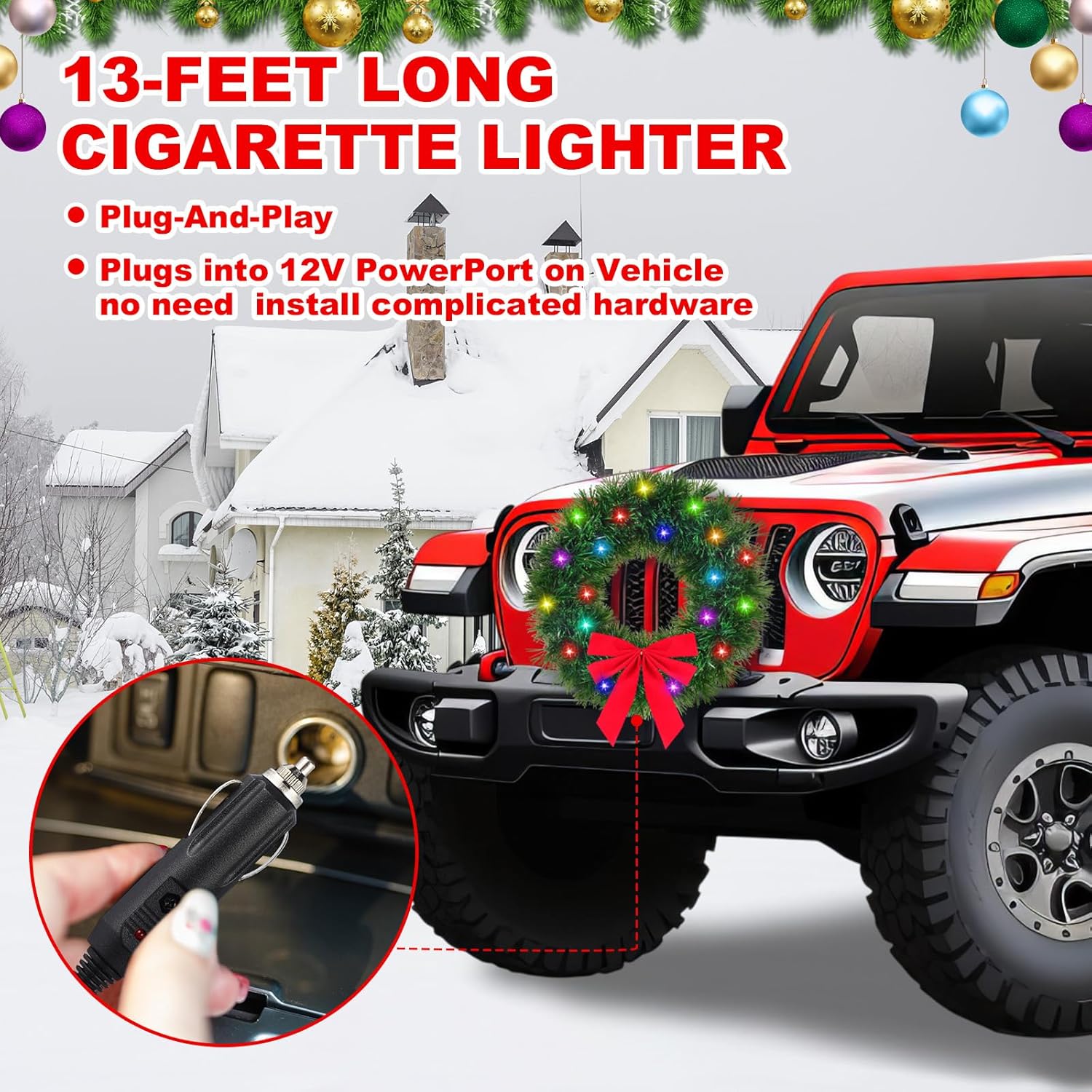 Riceshoot 2 Pack 12V LED Christmas Car Wreath with Red Bow 13 Inch Artificial Lighted up Wreath for Car Front Grill Plug in Lighting for Xmas Hanging Decoration (Color Light Classic)