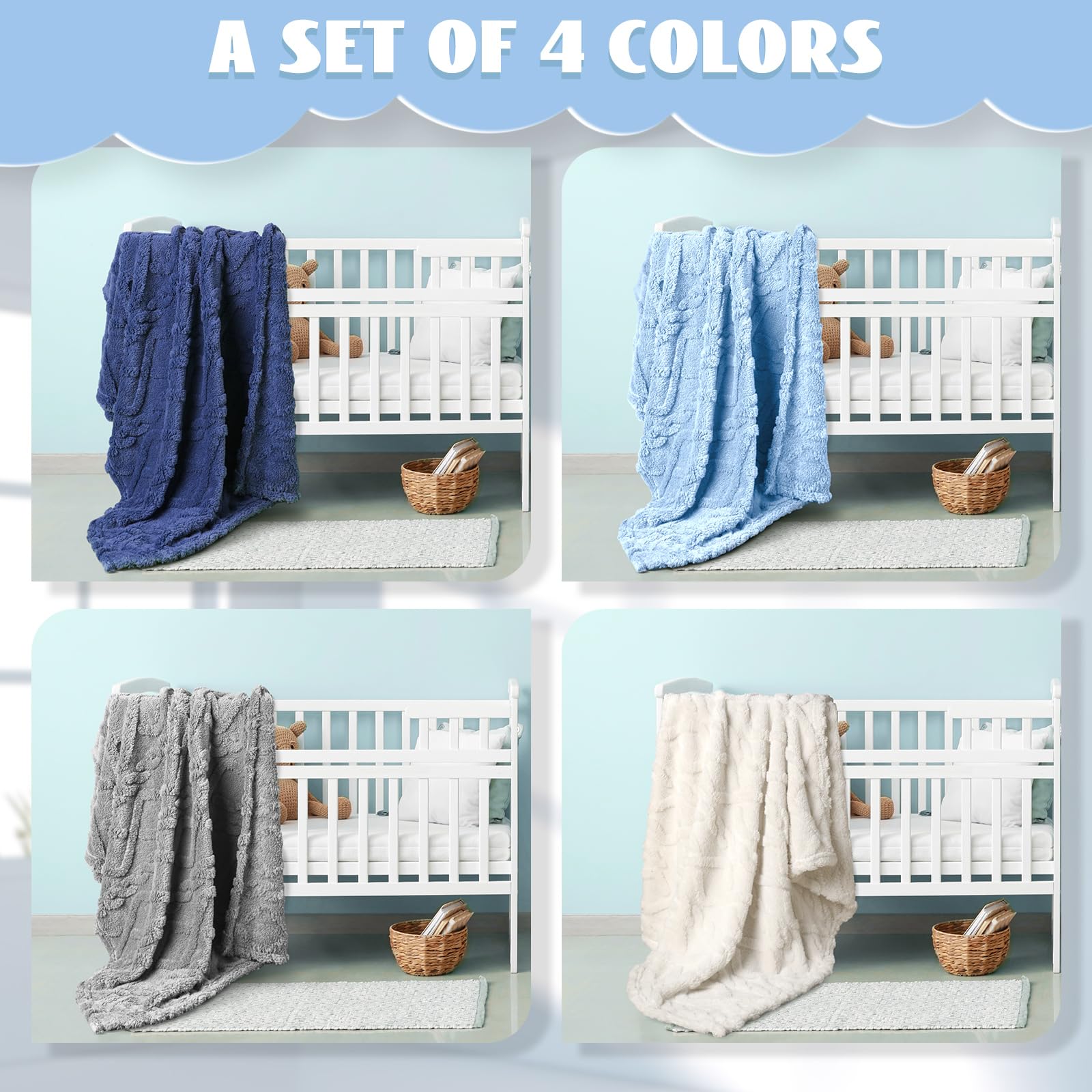 4 Pcs Fleece 30" x 40" 3D Fluffy Baby Blanket for Boys Nursery Little Girl Infant or Newborn Receiving Swaddling Blankets(Blue Set)
