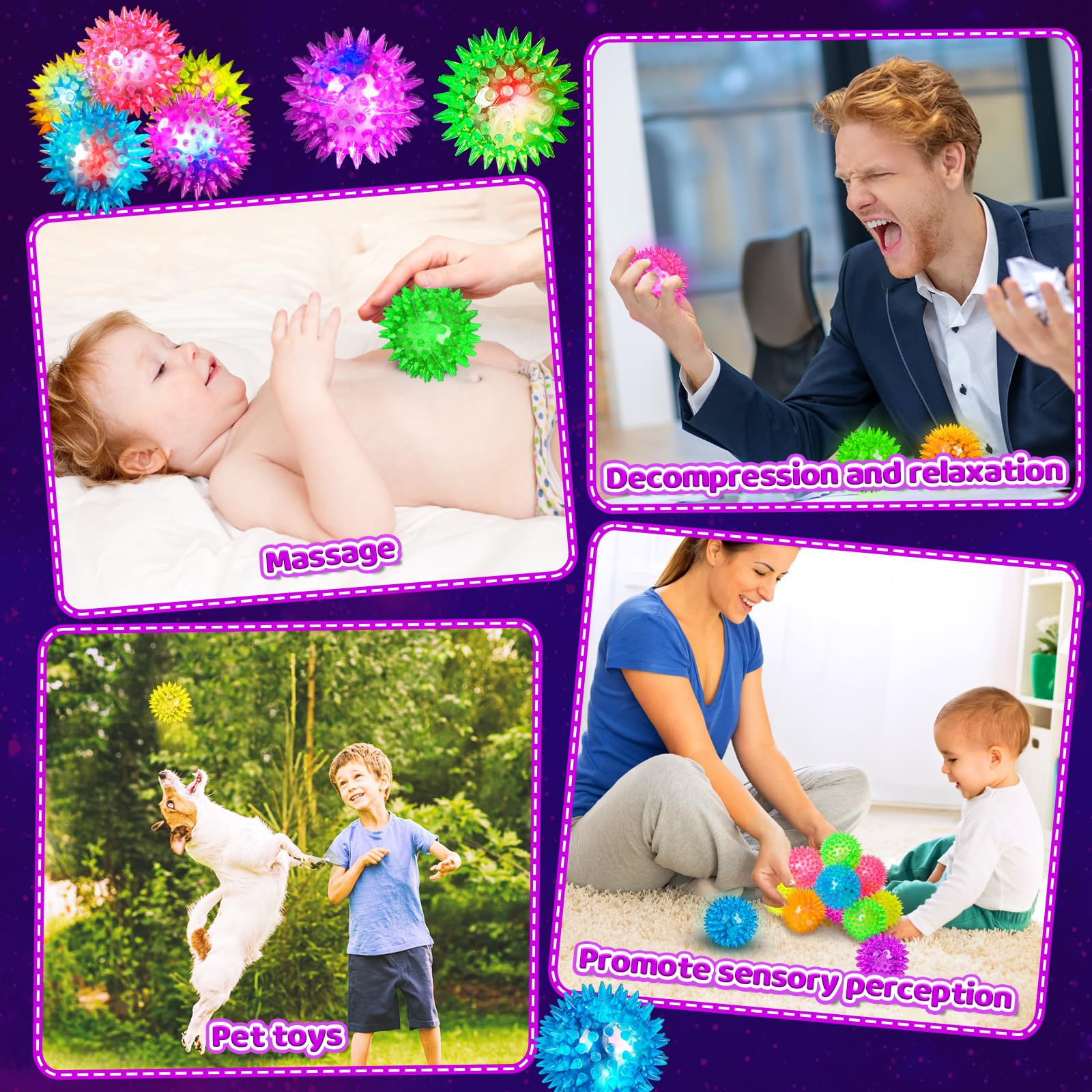 Com-four 4X Balles Hérisson Clignotantes LED - Jouets Lumineux 7cm, Balle De Massage Et Jeu Pour Enfants