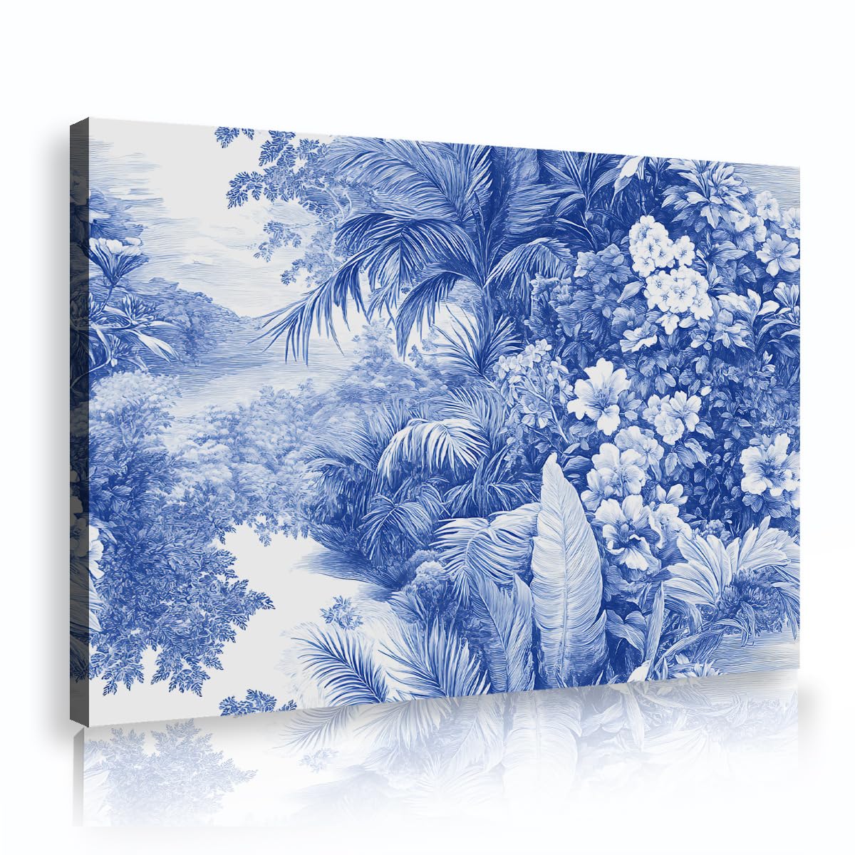 TOANGWALL Blue and White Canvas Wall Art Tropical Palm Jungle Flowers Painting Traditional Retro Framed Poster Contemporary Mural Art Prints Pictures Artwork For Lounge Decor 60x90cm