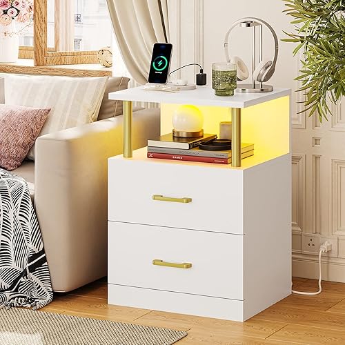 Miniatura 16 de VIAGDO Juego de 2 mesitas de noche negras con estación de carga y puertos USB, mesita de noche LED con 2 cajones, mesas auxiliares modernas con