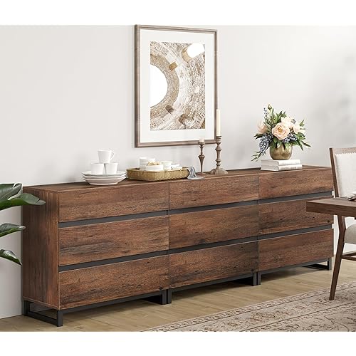 WAMPAT Dresser for Bedroom, Closet Organizers and Storage with 9 Drawers, Chest of Drawers with Metal Base, Modern Wood Dresser for Living Room, Hallway, Entryway, Brown