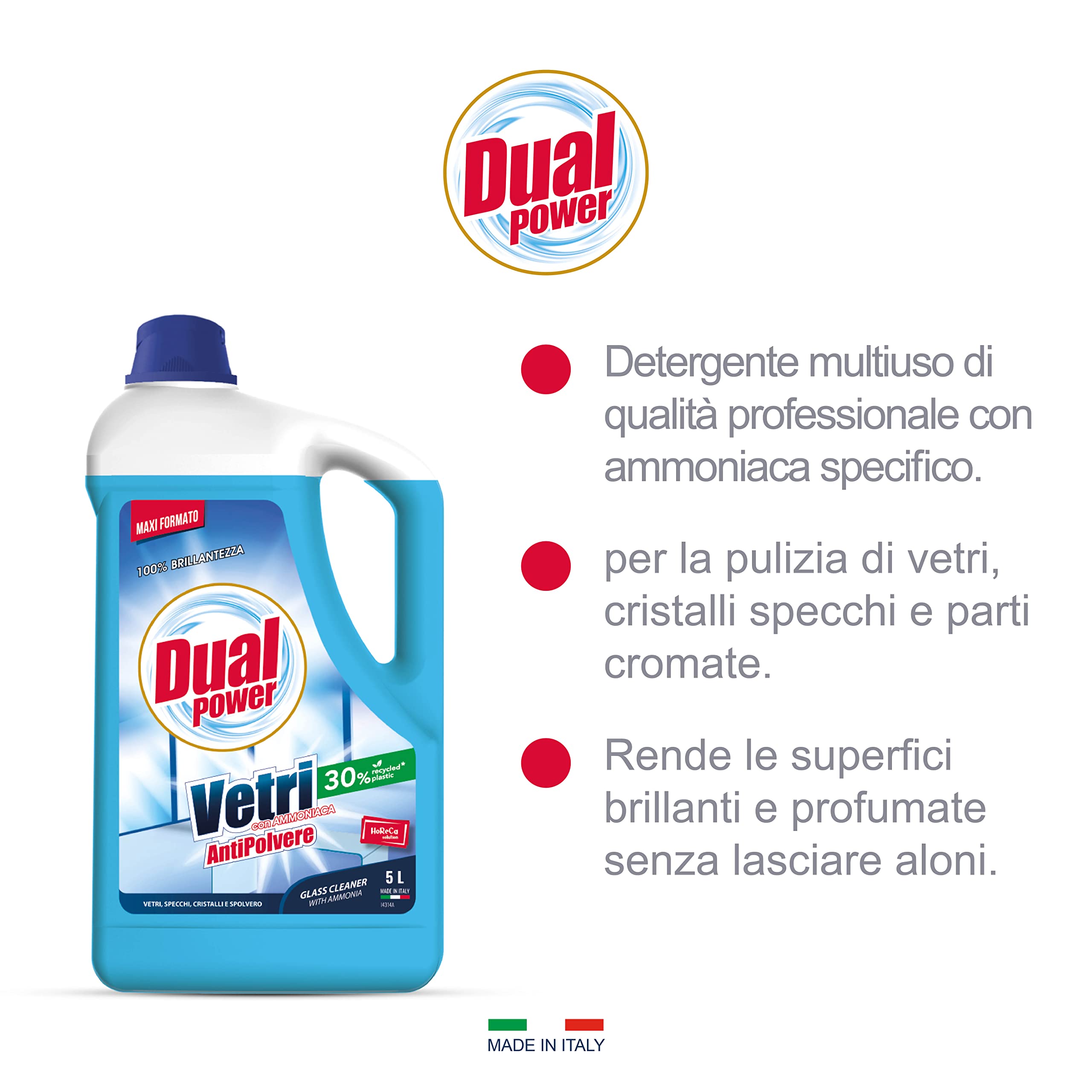 Dual Power Detergente Multiuso HACCP 5 Litri Antibatterico Ammoniaca per Vetri e Specchi