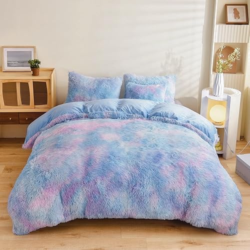 Juego de funda de edredón esponjosa tamaño King, suave felpa lanuda de terciopelo de pelo sintético, 4 piezas (1 funda de edredón + 2 fundas de
