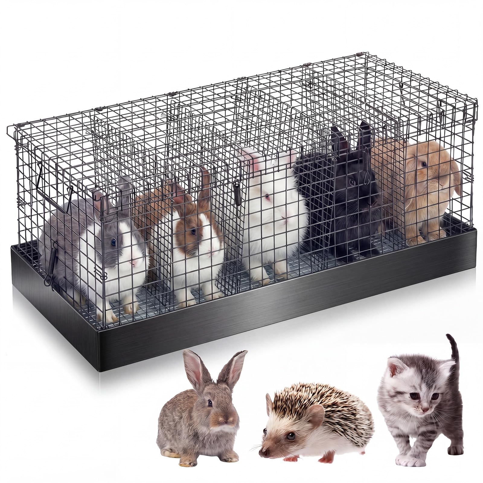 DoubleFill 5 Hole Folding Rabbit Transport Cage 30 x 12 x 12 in Portable Bunny Carrier with Tray and Handles for Transport, Travel or Temporary Housing, Pet Habitat Animal Enclosure (Black)