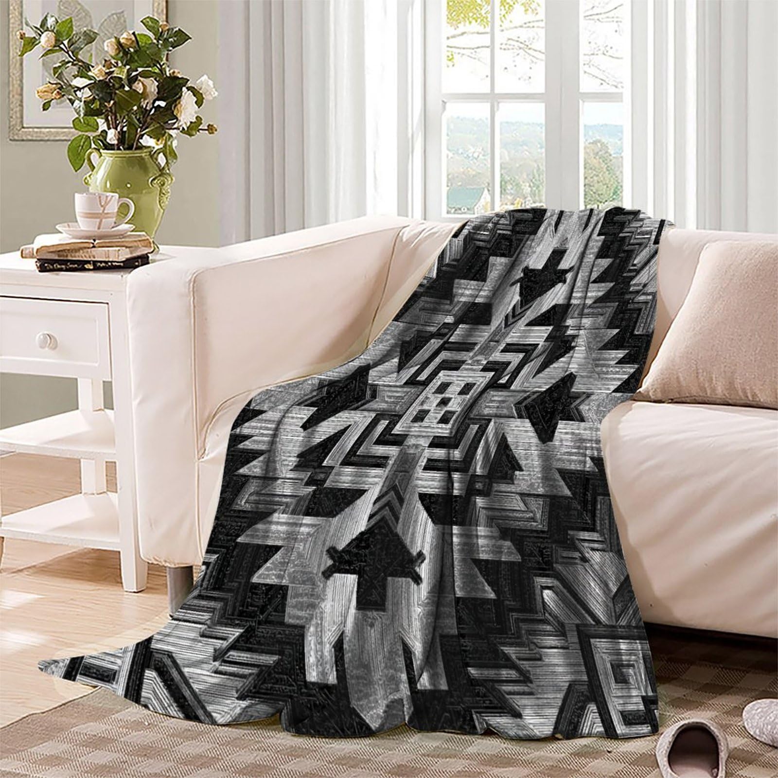 Texture piatta in bianco e nero in stile sud-occidentale, motivo inciso Manta Súper Suave | Colcha Patchwork | Funda De Viaje Cómoda Y Esponjosa 80x90inch(200x230cm)