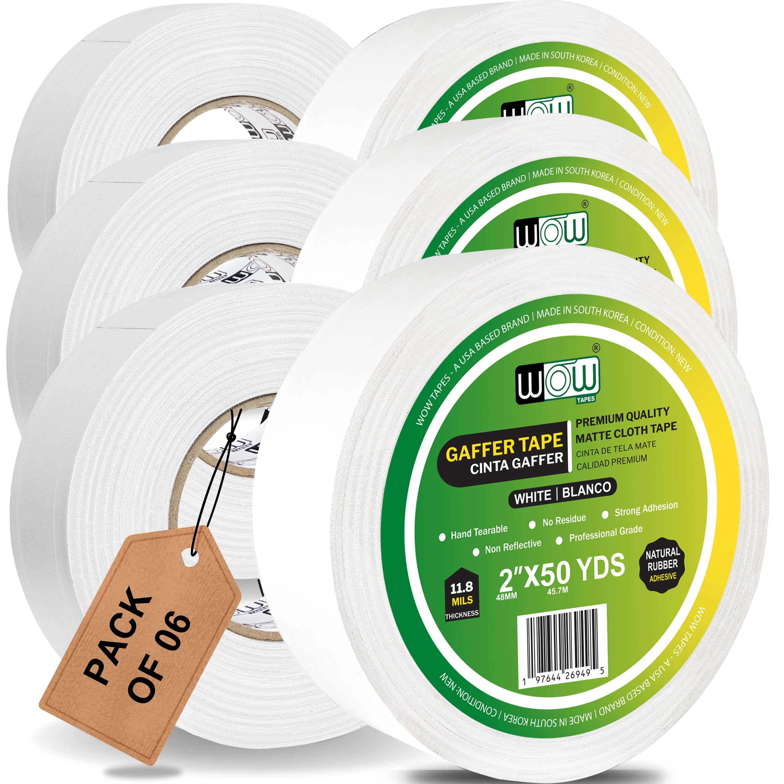 Wow 6 Rollen Gaffers-Klebeband, 5,1 cm – 45,2 m, rückstandsfrei, nicht reflektierend und robust, weiß, professionelle Qualität, ideal für Fotohintergründe, Kabel