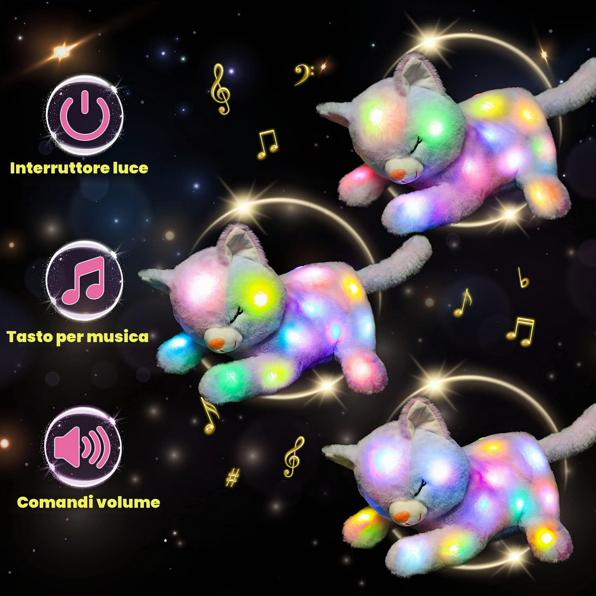Hopearl Giocattoli di peluche a LED con 3 gattini nella pancia, regalo per bambini e bambine, arcobaleno, 45 cm