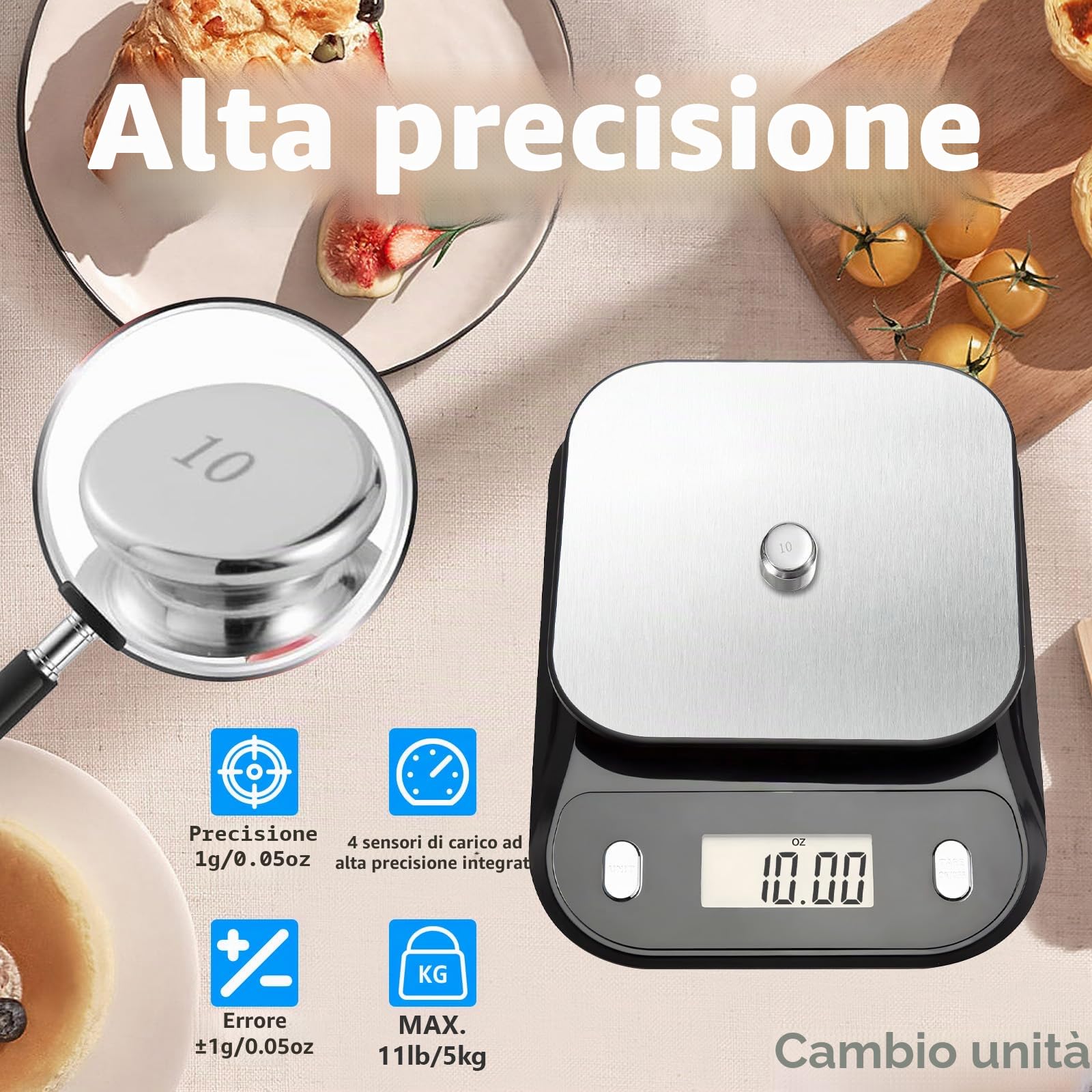 Talking - Bilancia da cucina digitale parlante, bilancia da cucina elettronica parlante, bilancia parlante per alimenti con ampio display LCD, bilancia per alimenti con piattaforma a disco in acciaio