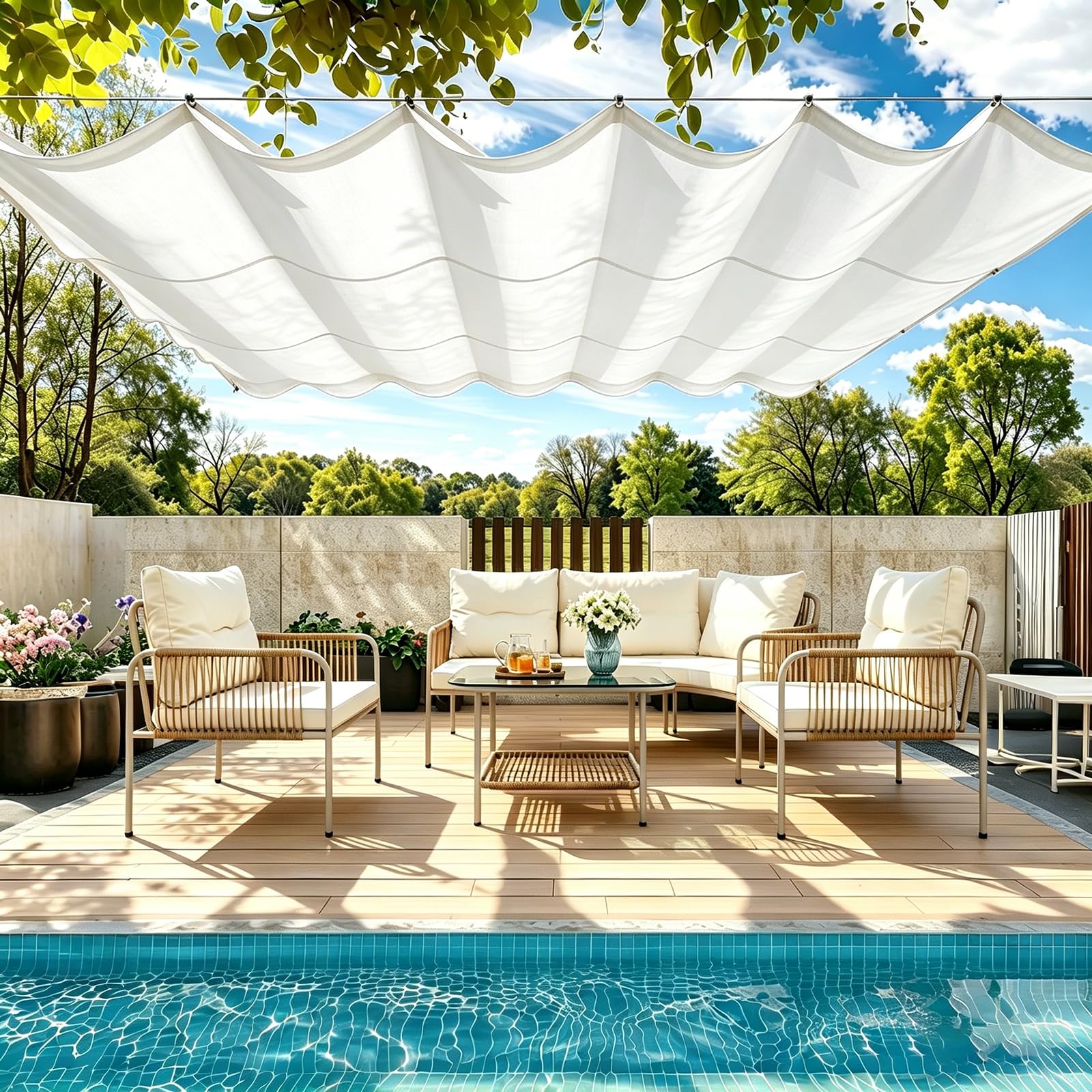 Retractable Wave Shade Cloth 195 x 805 cm Pes Polyester, Waterproof 98% UV Block, Wind and Tear Resistant, Rectangle Awning Canopy with Eyelets and Rope for Deck Swimming, White