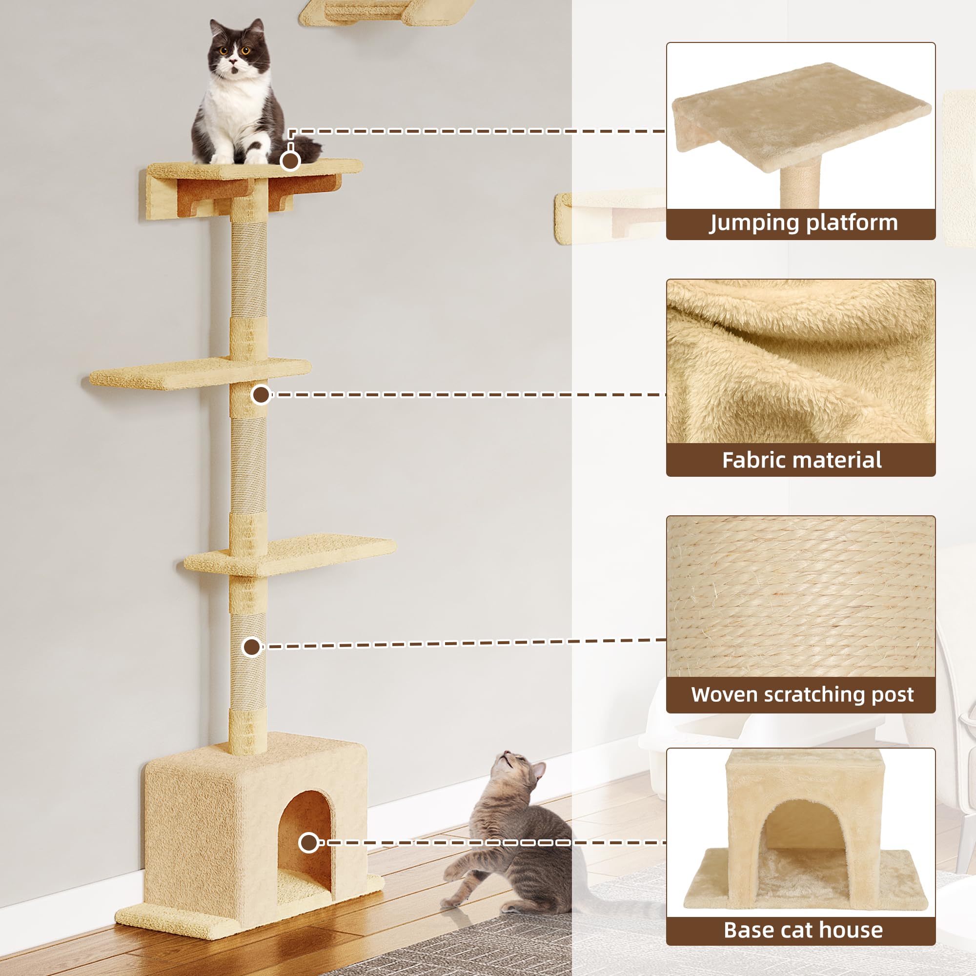 A cat sitting on a platform of the cat tree, with callouts pointing to the jumping platform, fabric material, woven scratching post, and base cat house.