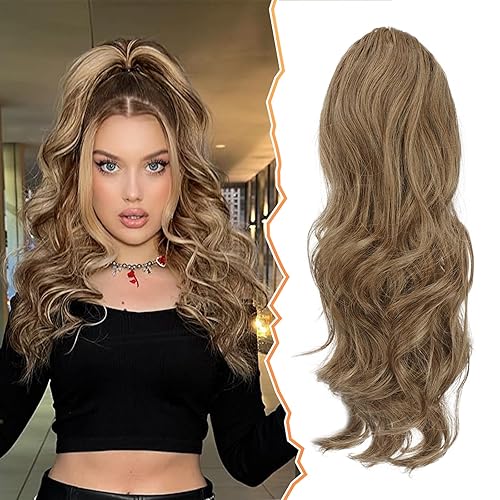 BARSDAR Cola de caballo corta ondulada con cordón, extensiones de cabello sintético de 16 pulgadas con clip, mezcla de marrón ceniza