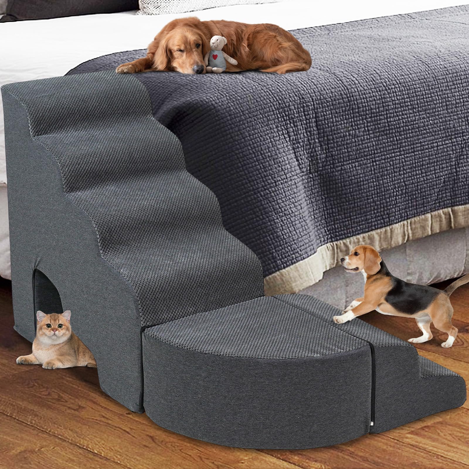 A.FATI Dog Stairs for High Beds - 6 Tiers Non-Slip Pet Steps for Small Dogs/Old Pets - Adjustable to 30-36 inch Bed Heig