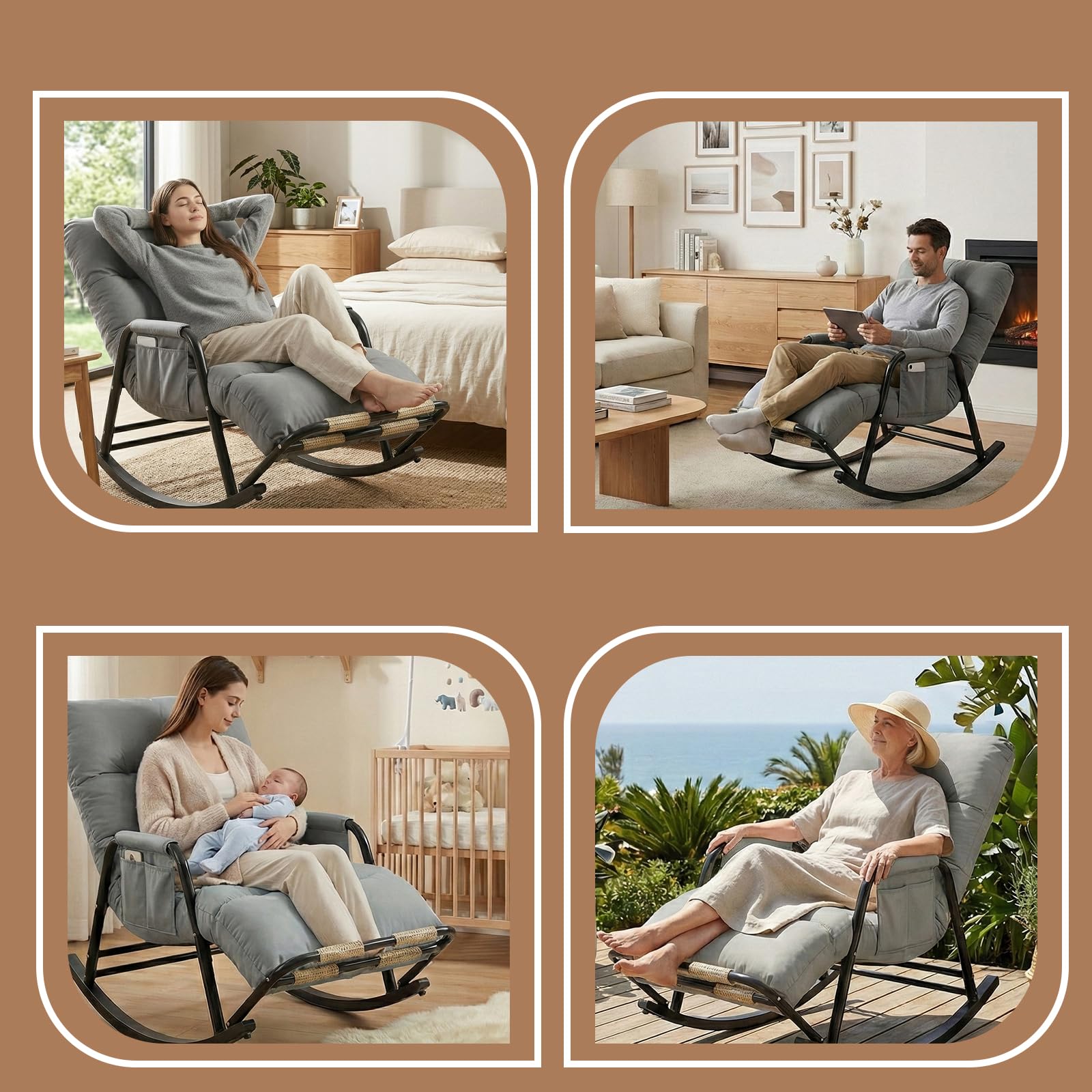 Fauteuil à Bascule avec Repose-Pieds, Dossier et Repose-Pieds Réglables 5 Positions, Repose-Pieds Massant, Revêtement Résistant, Structure en Acier, Gris, Salon, Chambre Bébé, 60×111×50 cm