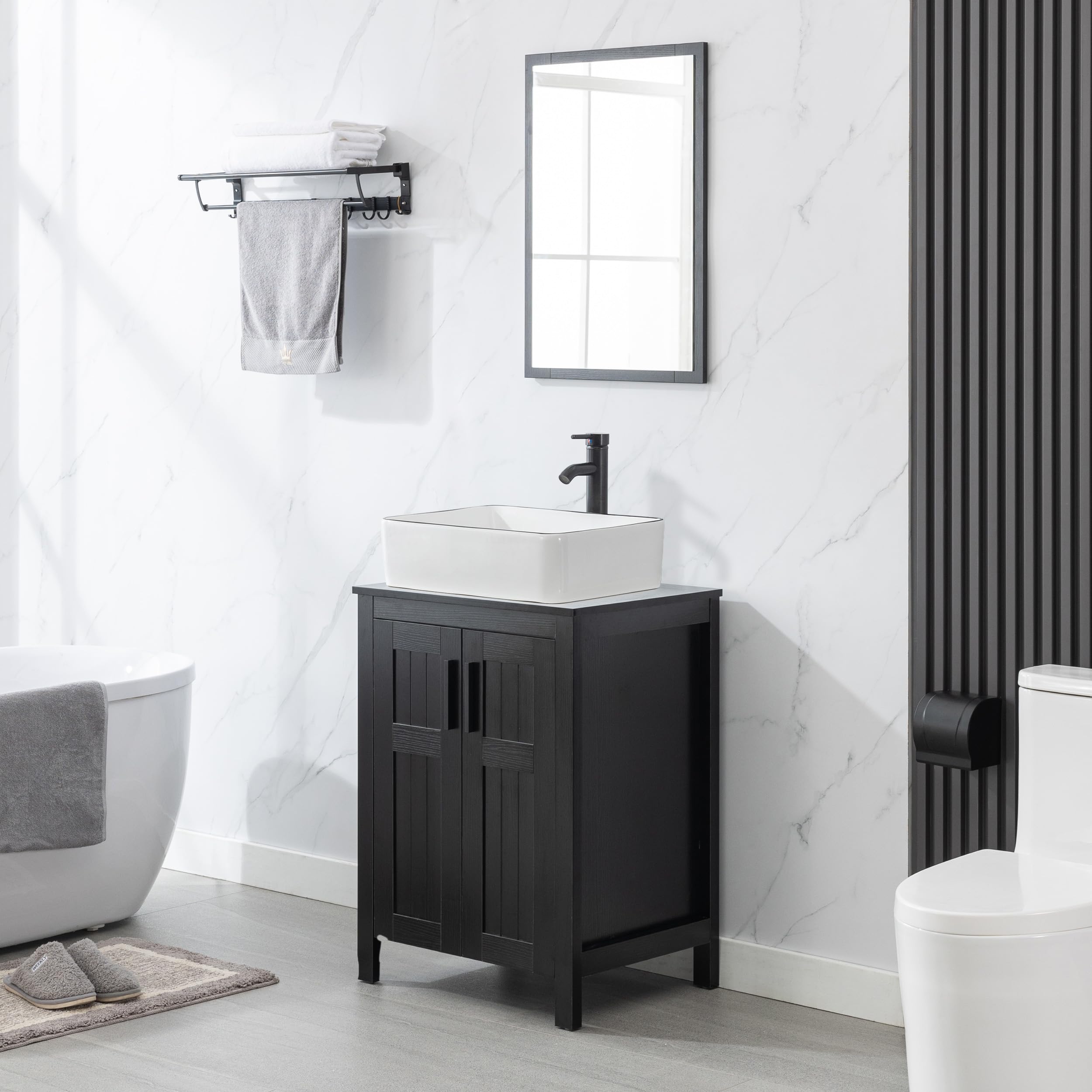 eclife 24" Bathroom Vanity with Sink Combo, Modern Freestanding Cabinet with Soft Closing Grooved Doors, Vessel Sink Top, Faucet & Pop Up Drain (White