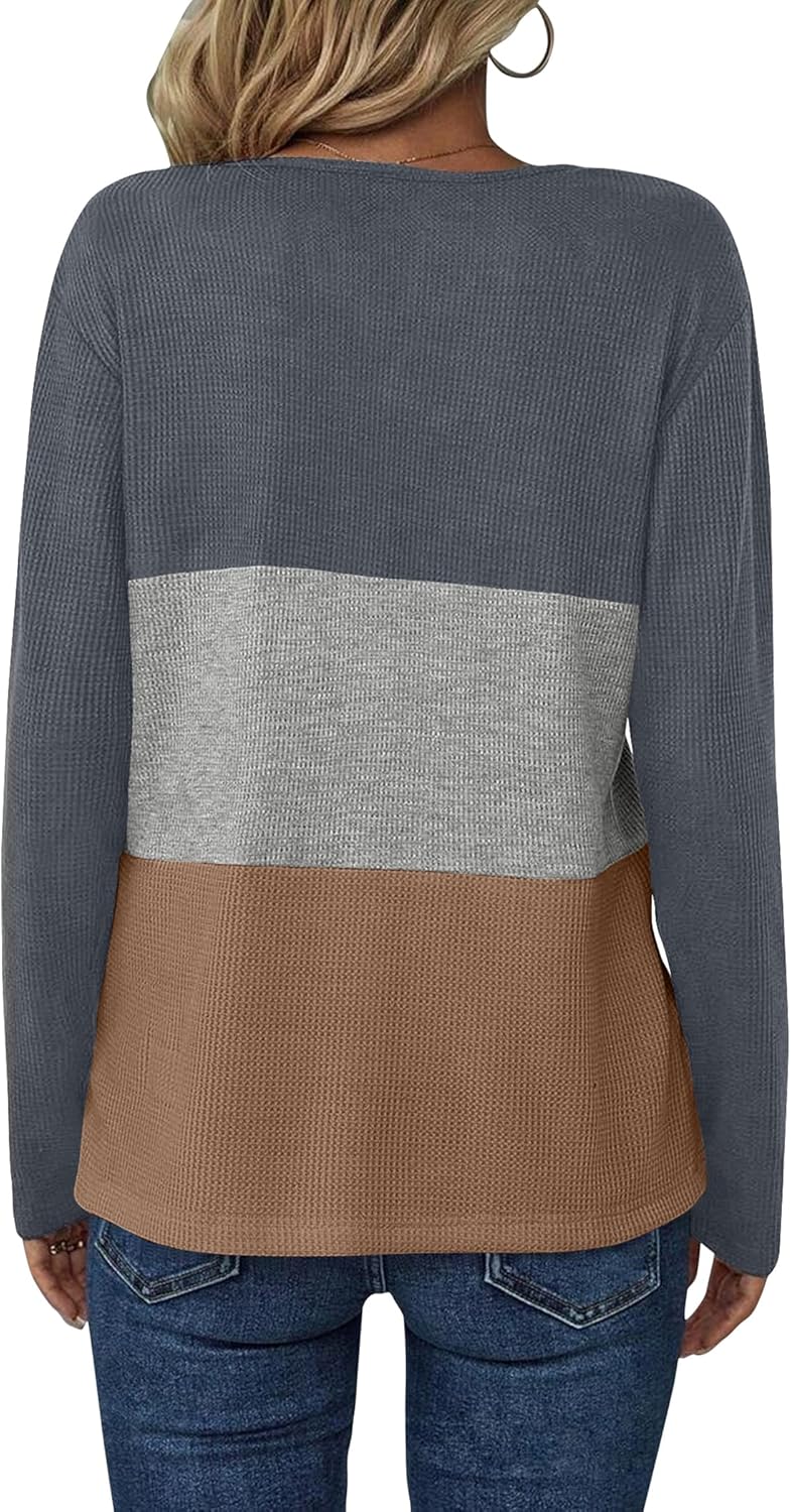 Zeagoo Women's Waffle Shirts V Neck Long Sleeve Tops Color Block T-Shirts Casual Pullover Tunics 2025 Fashion Basic Tees - Image 4