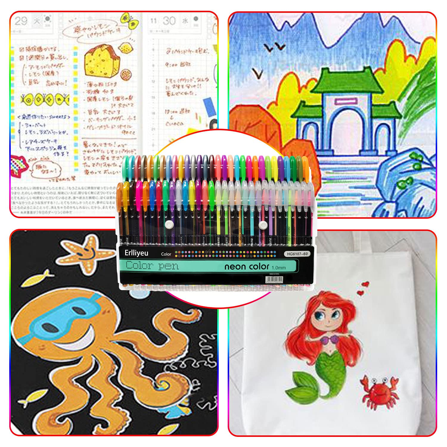 Erlliyeu Gel Pens, 60 Colors Set - Multicolor Ballpoint Pen for Coloring, Drawing, Writing - Non Toxic, Water Resistant, Ergonomic Design - Pack of 60 - Image 3