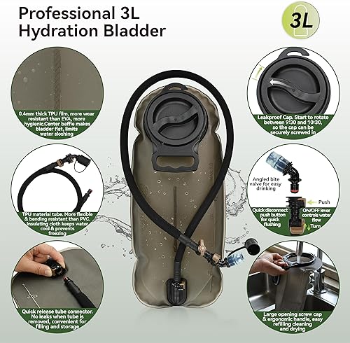 Miniatura 6 de MARCHWAY Tactical Molle - Mochila militar con paquete de hidratación, cámara de poliuretano termoplástico de 3 l, para ciclismo, senderismo, correr,