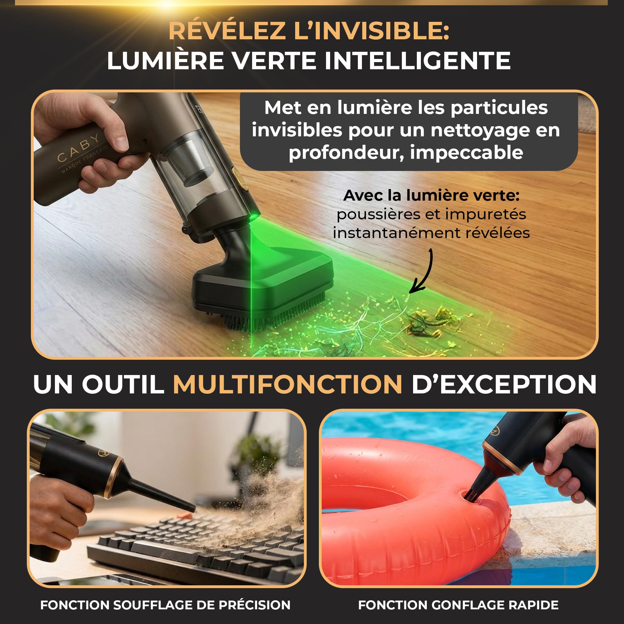 CABY Mini Aspirateur sans Fil Puissant 3 en 1 Mini Souffleur sans Fil et Gonfleur - Aspirateur Voiture avec Détecteur de Poussières 28000PA - Accessoire Voiture/Maison et Cuisine