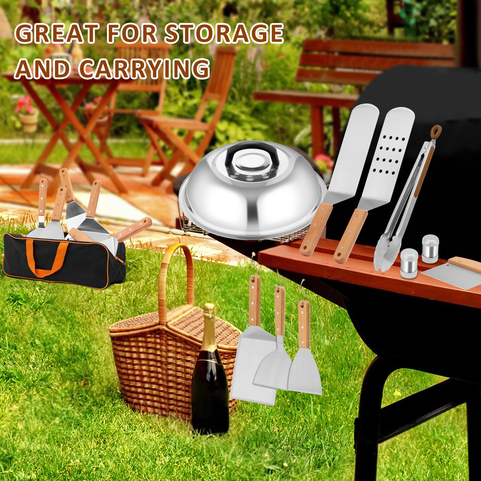 Grillzubehör 25 Stück, Leonyo Flat Top Grillzubehör, Professionelles Grillwerkzeug mit Vergrößertem Spatel Schaber, Backabdeckung, Smash Burger Presse, Tragetasche für Outdoor Grill, Holzgriff