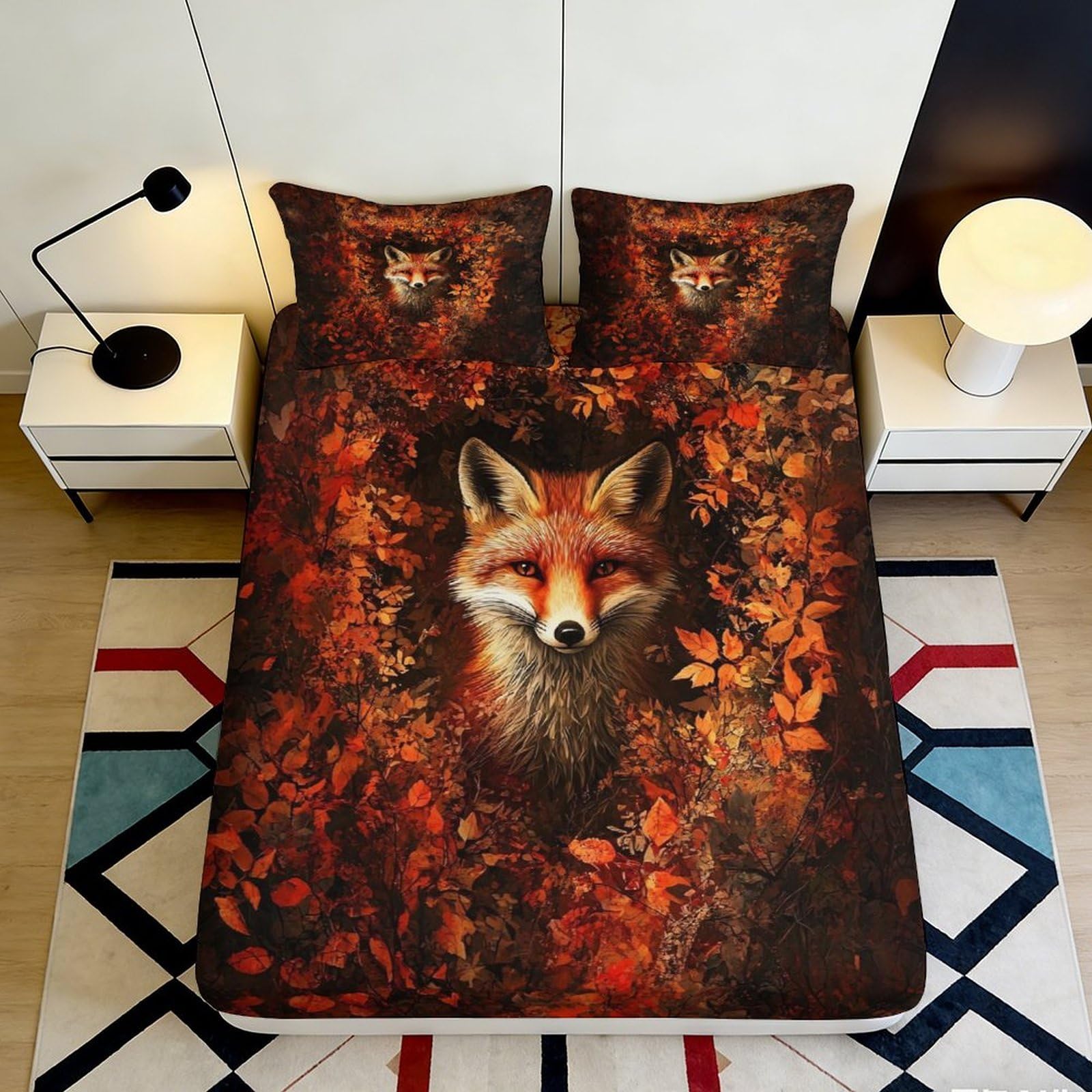 3D Printed Fox Pattern Fitted Sheet Microfiber Soft Breathable Autumn Leaves Bed Cover for Bedroom Dormitory Guest Room Mattress Protection 180x200x25cm