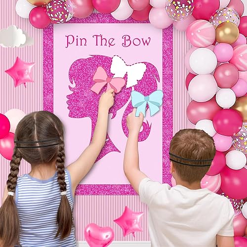Miniatura 6 de Decoración de suministros de fiesta de niña rosa, linda princesa con lazo en la cabeza, póster grande con 24 calcomanías de lazo para fiestas de