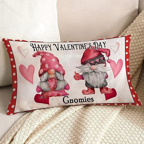 Miniatura 4 de Feliz día de San Valentín lindos gnomos con almohadas lumbares de corazón fundas de almohada decorativas de 12 x 20 pulgadas funda de cojín de lino