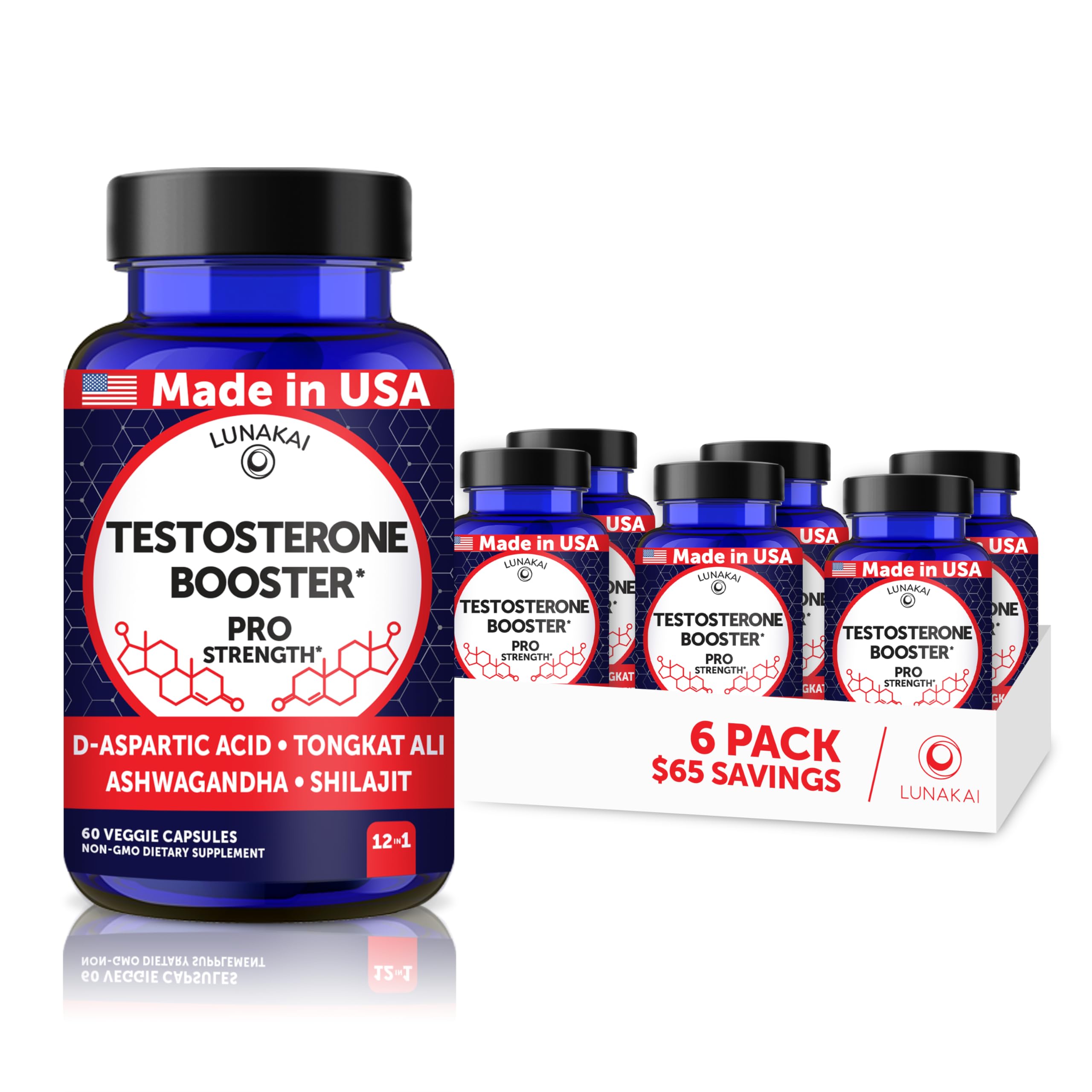 Lunakai USA Made Natural Testosterone Booster for Men, 6 Pack 60 Count (Pack of 6) Testosterone Capsules