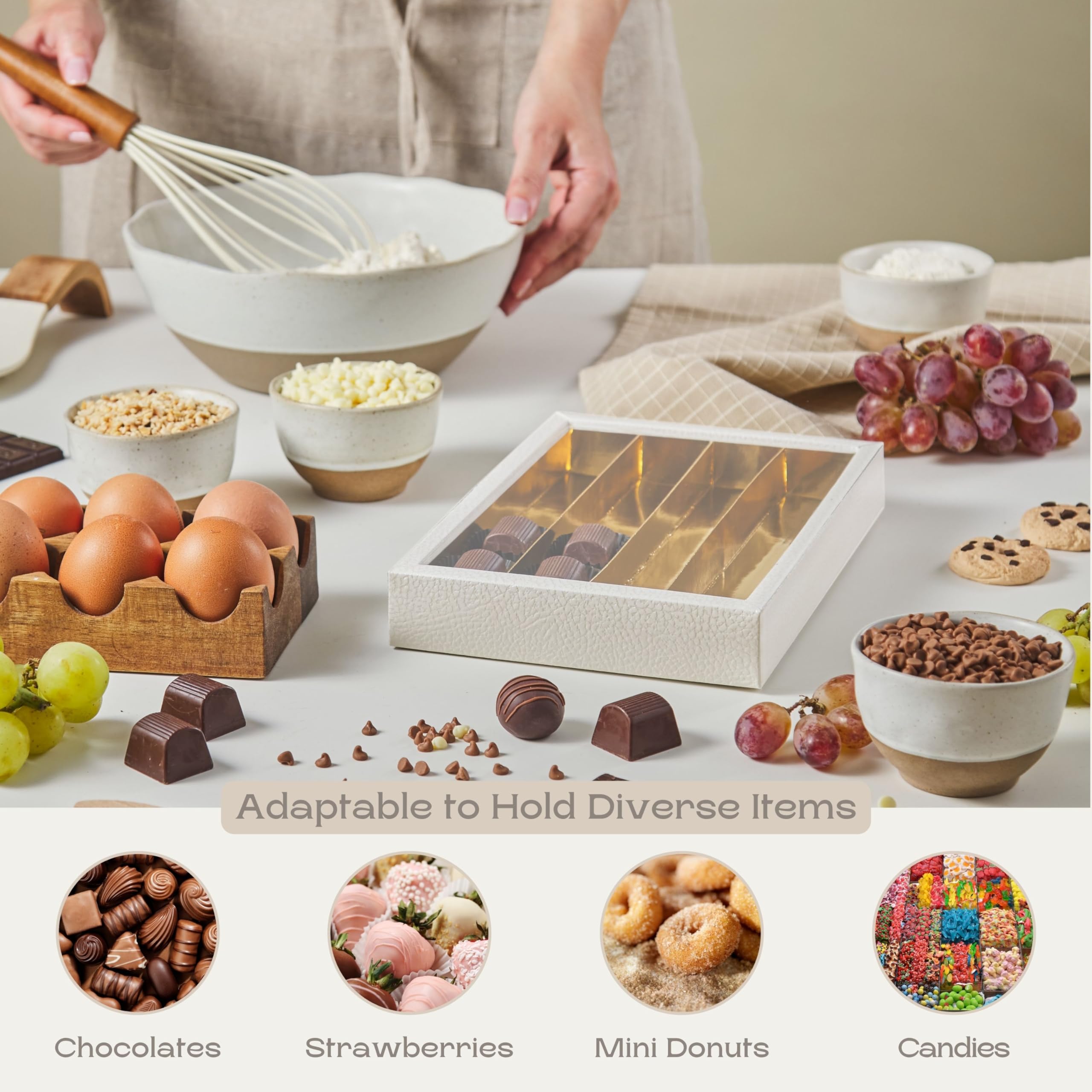 10 Stück Trüffelboxen - Ideal für Schachteln für Pralinen, Trüffel, Erdbeeren mit Schokoladenüberzug und Mini-Donut-Boxen | 21,5 cm x 14,5 cm x 3,5 cm Weißes Leder