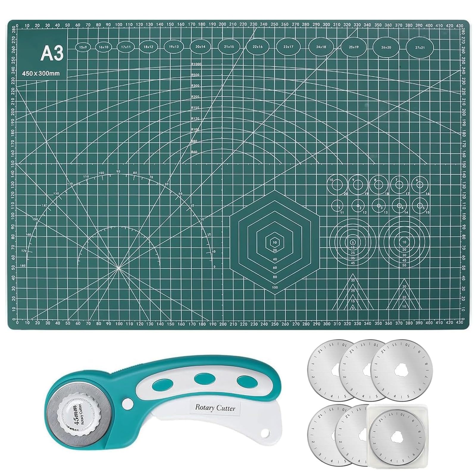 A3 Rotary Cutter Set Including Self-Healing Cutting Mat, 45mm Rotary Cutter for Fabric with 5PCS Replacement Blades, Ergonomic Handle with Safety Lock for Leather, Crafting, Sewing, Quilting