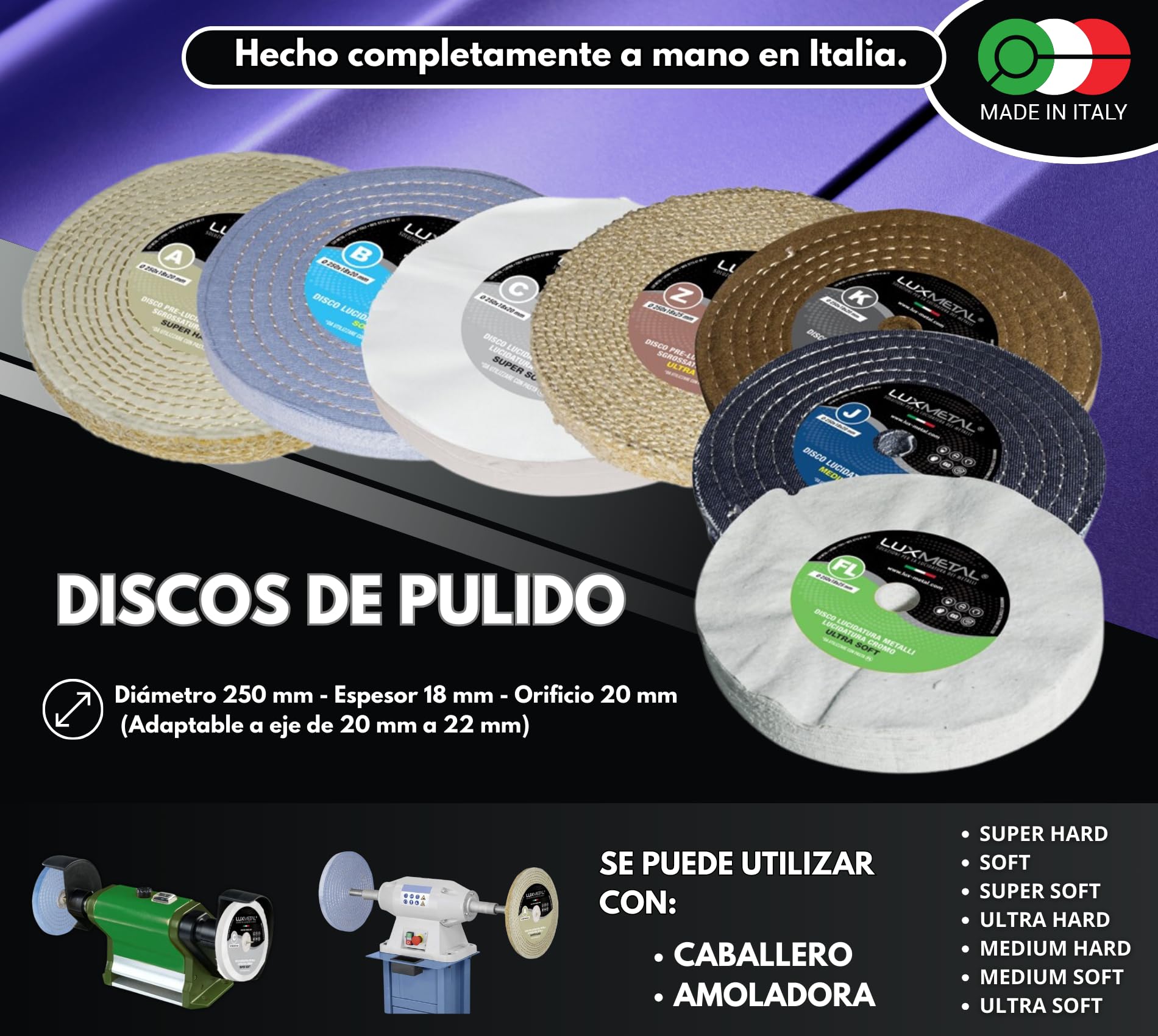 Kit 7 Discos de Pulido de 250 mm y 7 Paste Abrasivas de 700 gr - Para Aluminio, Hierro, Acero Inoxidable, Bronce, Mármol - Rueda Pulidora de Metales para Muela, Esmeriladora, Fieltro.