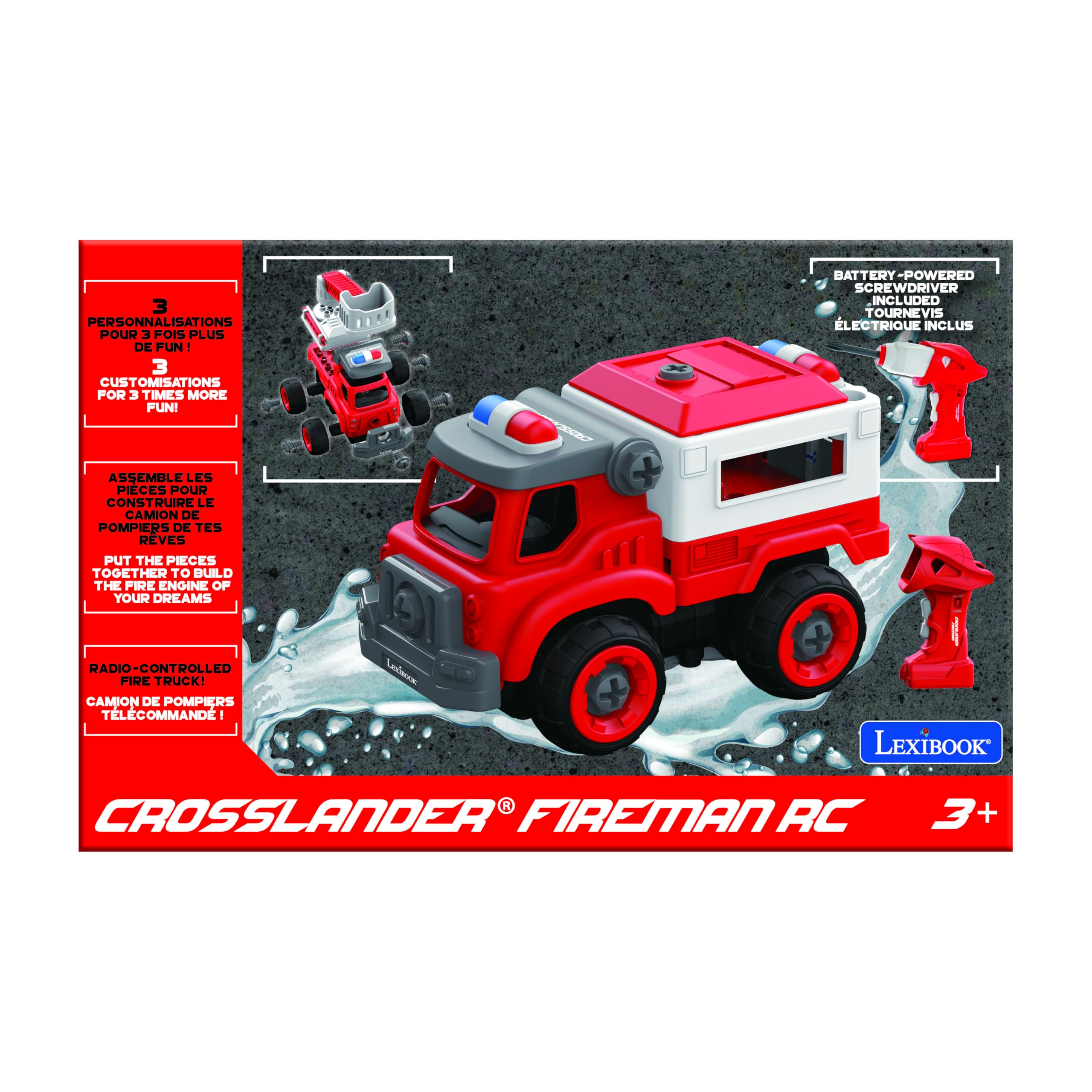 Lexibook, Crosslander Fireman Rc, Zdalnie Sterowany Wóz Strażacki do Złożenia, 3 Możliwe Konstrukcje, 33 Części, w Zestawie Śrubokręty Elektryczne i Ręczne, RCP25