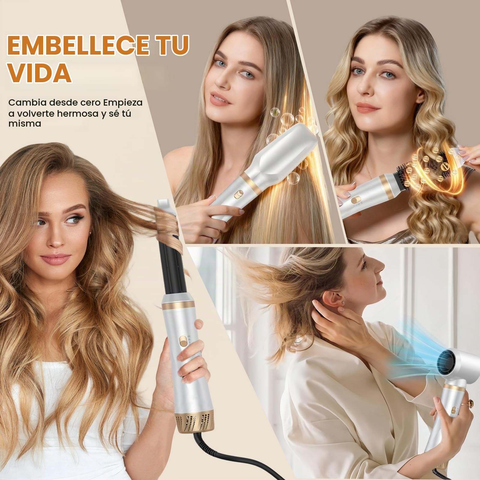 Cepillo Secador de Pelo 5 en 1, Air Styler Multifunción con Iones Negativos Secador, Rizador y Cepillo Alisador, 3 Temperaturas, 1000W Cepillo de Aire Caliente para Volumen, Alisa, Seco