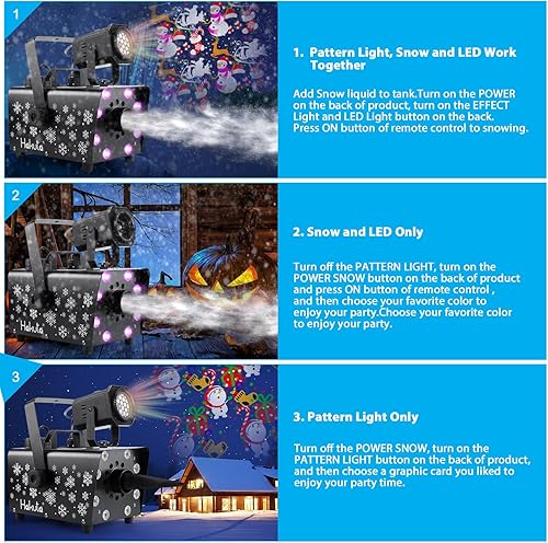 Miniatura 4 de Hakuta Máquina de nieve mejorada de 800 W con 8 luces LED RGB, proyección LED y 2 controles remotos inalámbricos, perfecta para Navidad, Halloween,