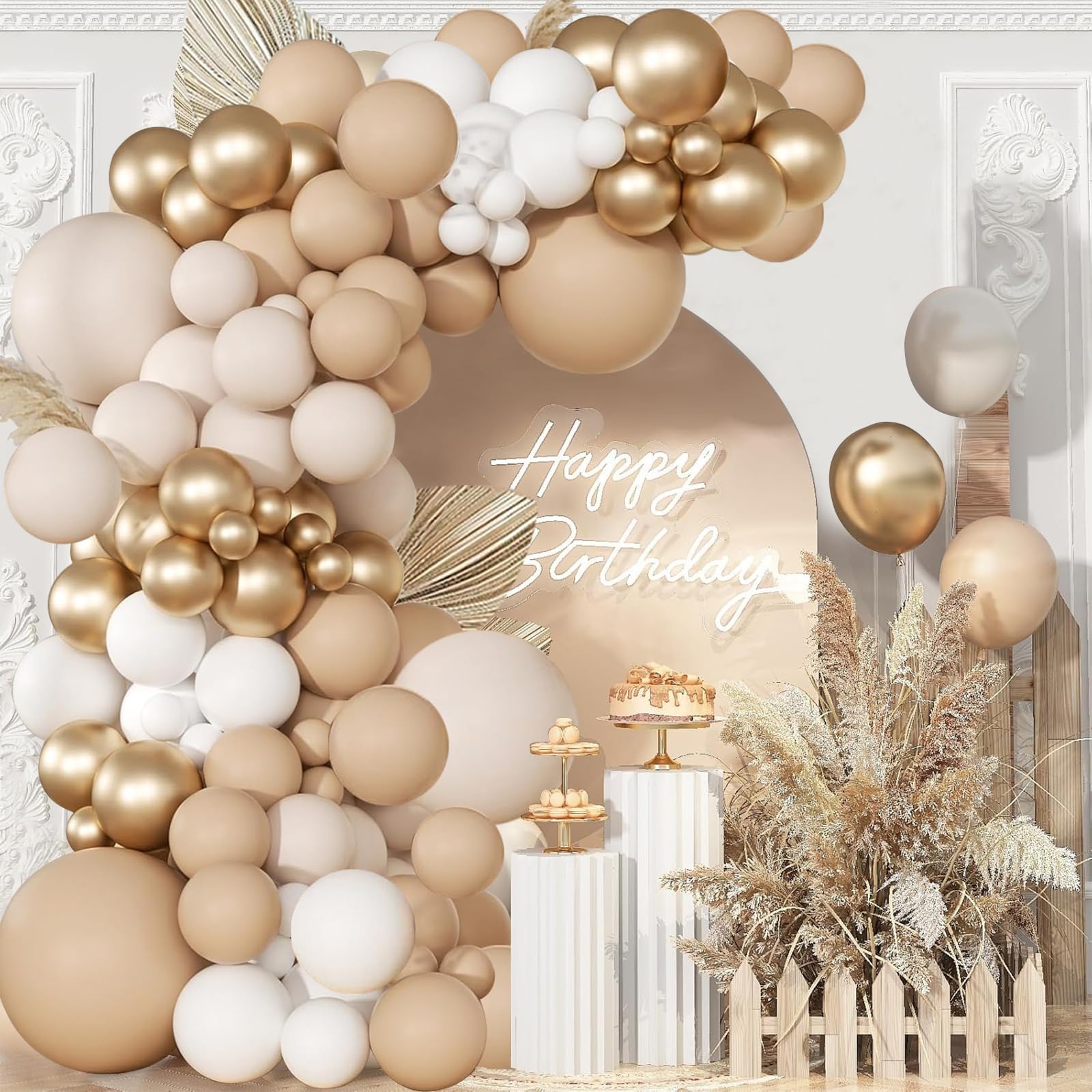 Sand White Gold Balloons Garland Arch Kit-106pcs Cream White Metallic Gold Nude Balloons for Boho Neutral Baby Shower Bridal Wedding Birthday